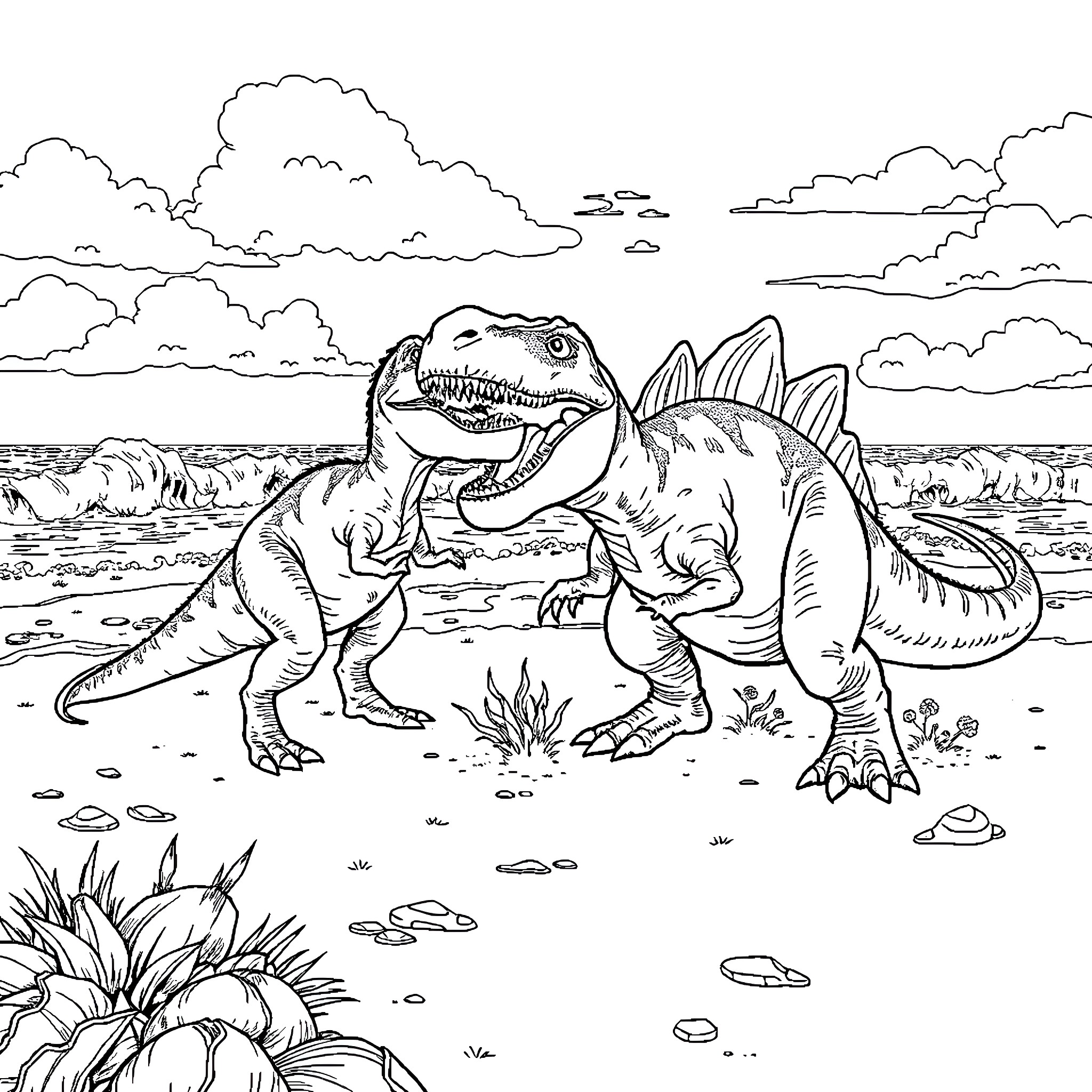 Dinosaurs engaging in a fierce confrontation on the beach Coloring Page (free black-and-white line drawing printable PDF for all, from beginners to advanced learners, including children, teens, adults, and seniors)