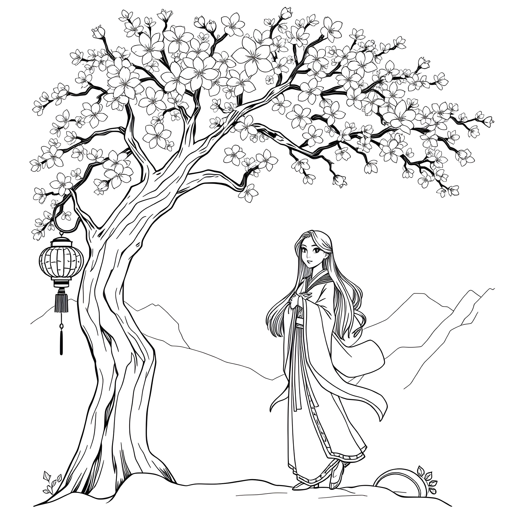 Mulan standing under a blossoming tree in a mountain landscape Coloring Page (free black-and-white line drawing printable PDF for all, from beginners to advanced learners, including children, teens, adults, and seniors)