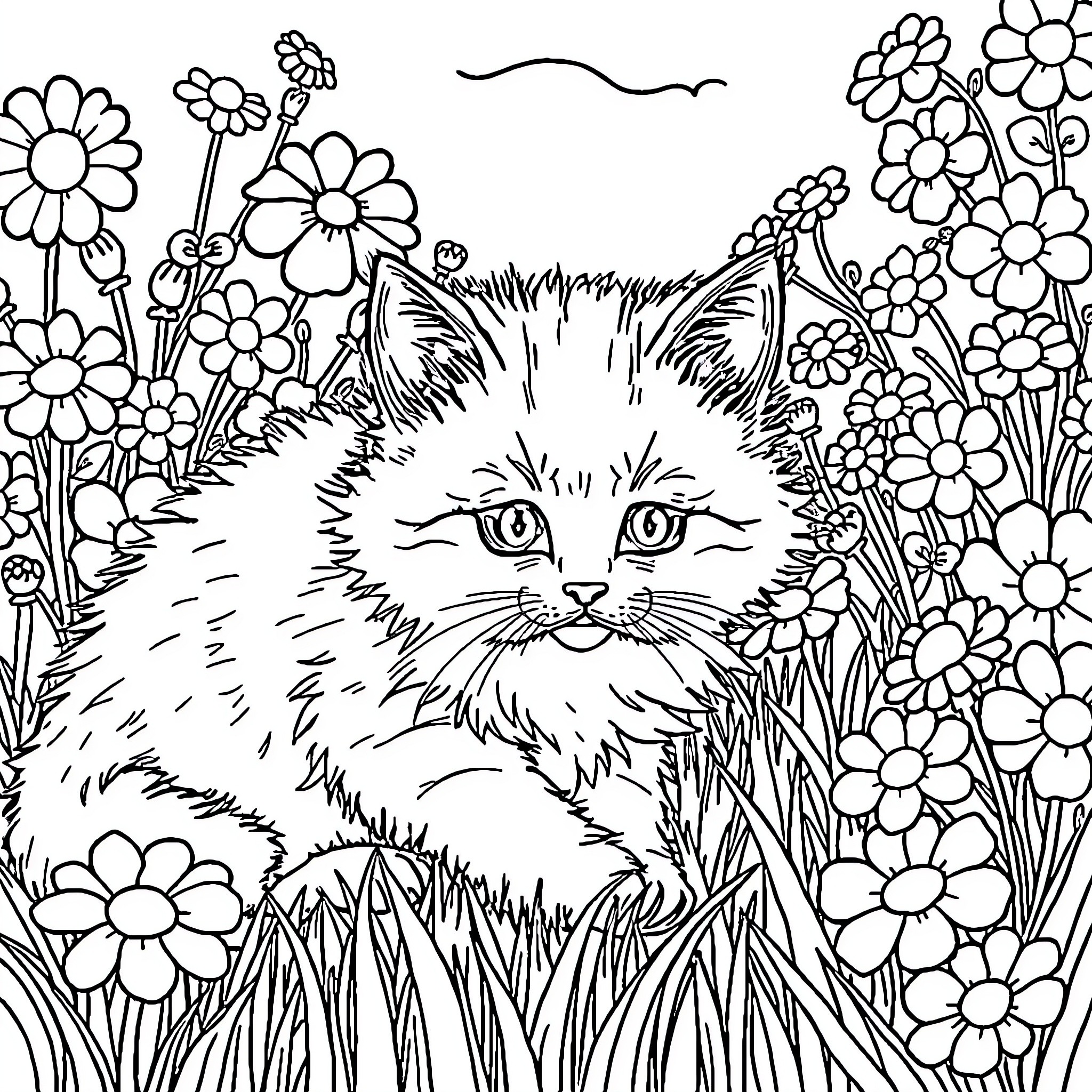 Kitty Peeking Through Flowers Coloring Page (free black-and-white line drawing printable PDF for all, from beginners to advanced learners, including children, teens, adults, and seniors)
