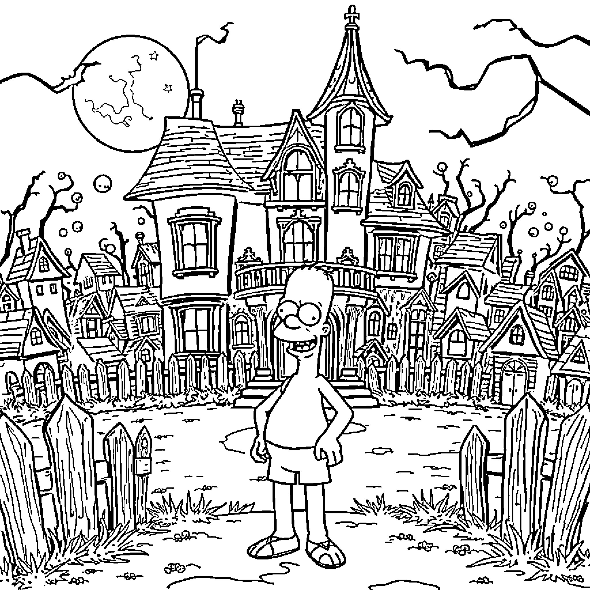 Homer's Spooky Night in an Eerie Neighborhood Coloring Page (free black-and-white line drawing printable PDF for all, from beginners to advanced learners, including children, teens, adults, and seniors)