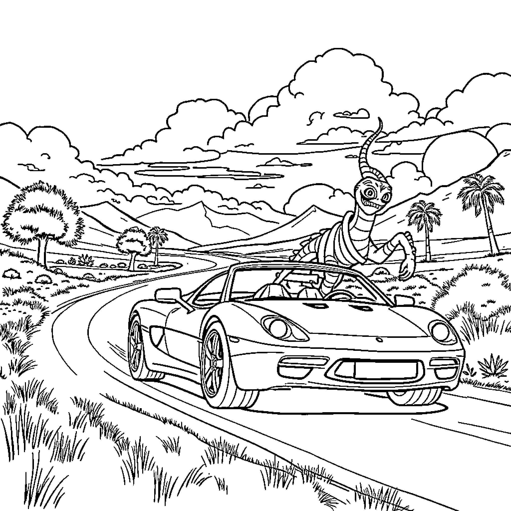 Convertible driving along scenic tropical coastline Coloring Page (free black-and-white line drawing printable PDF for all, from beginners to advanced learners, including children, teens, adults, and seniors)