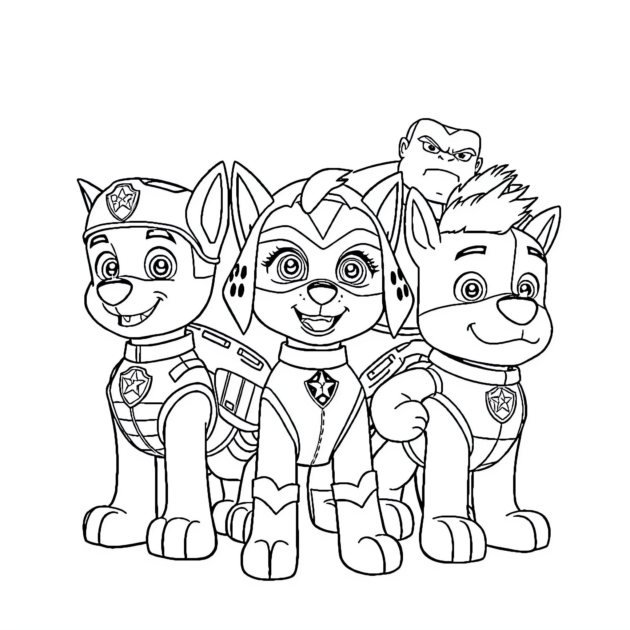 Paw Patrol team in action posing together Coloring Page (free black-and-white line drawing printable PDF for all, from beginners to advanced learners, including children, teens, adults, and seniors)