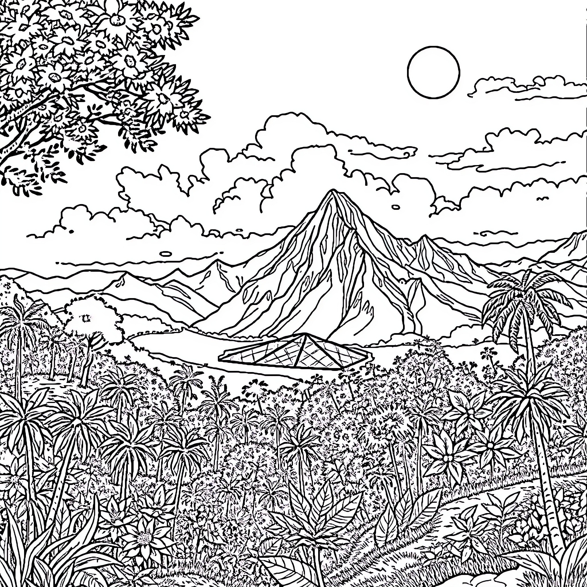 Mountain landscape with tropical foliage and hut Coloring Page (free black-and-white line drawing printable PDF for all, from beginners to advanced learners, including children, teens, adults, and seniors)