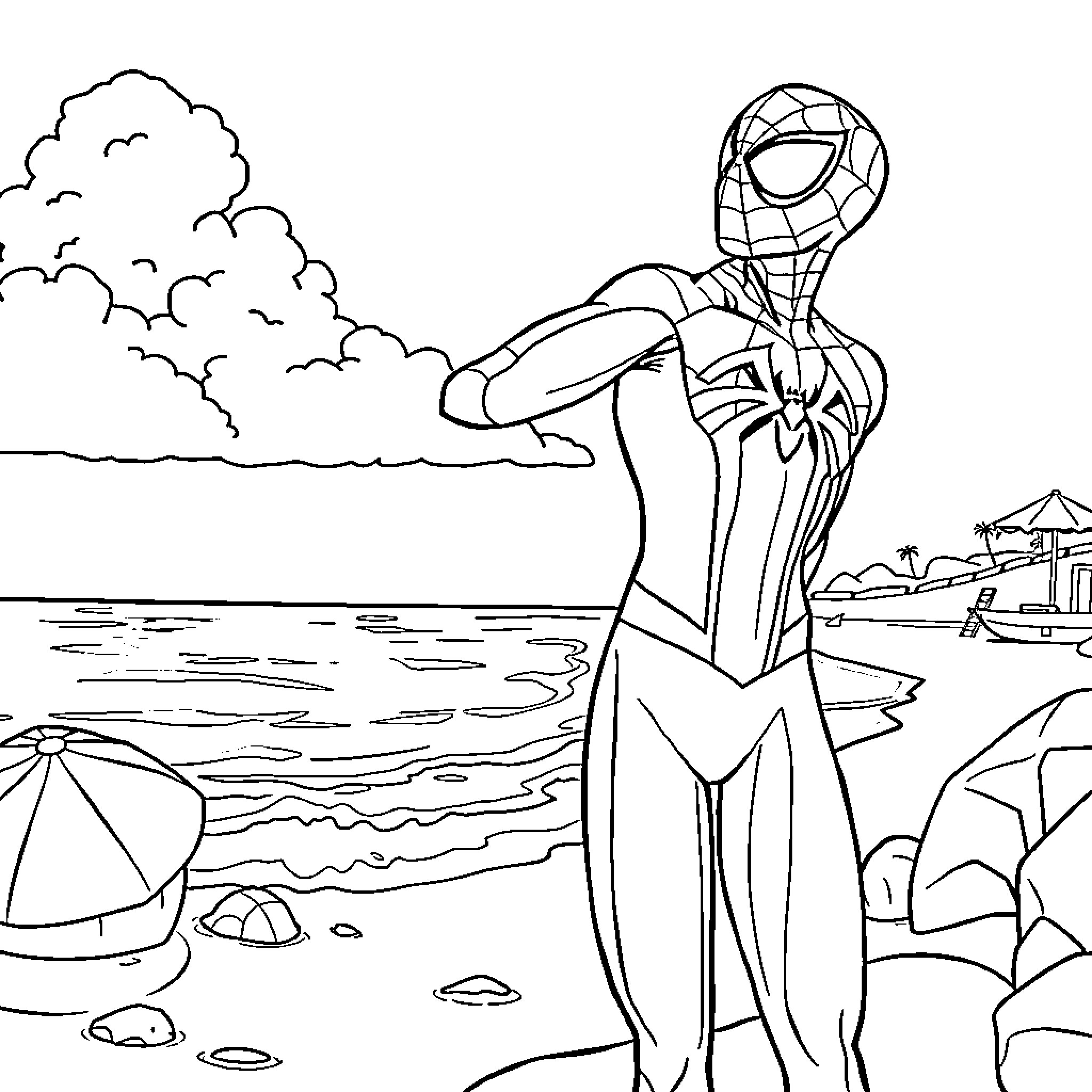 Spiderman swinging over a beach scene Coloring Page (free black-and-white line drawing printable PDF for all, from beginners to advanced learners, including children, teens, adults, and seniors)