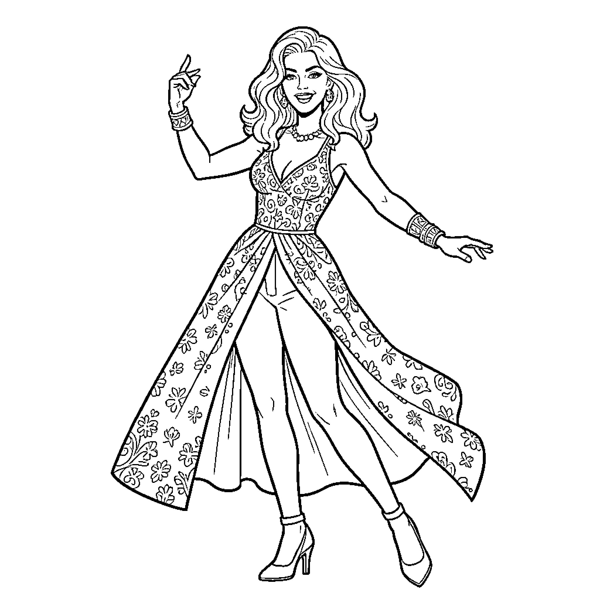 Madonna wearing a floral gown and posing elegantly Coloring Page (free black-and-white line drawing printable PDF for all, from beginners to advanced learners, including children, teens, adults, and seniors)