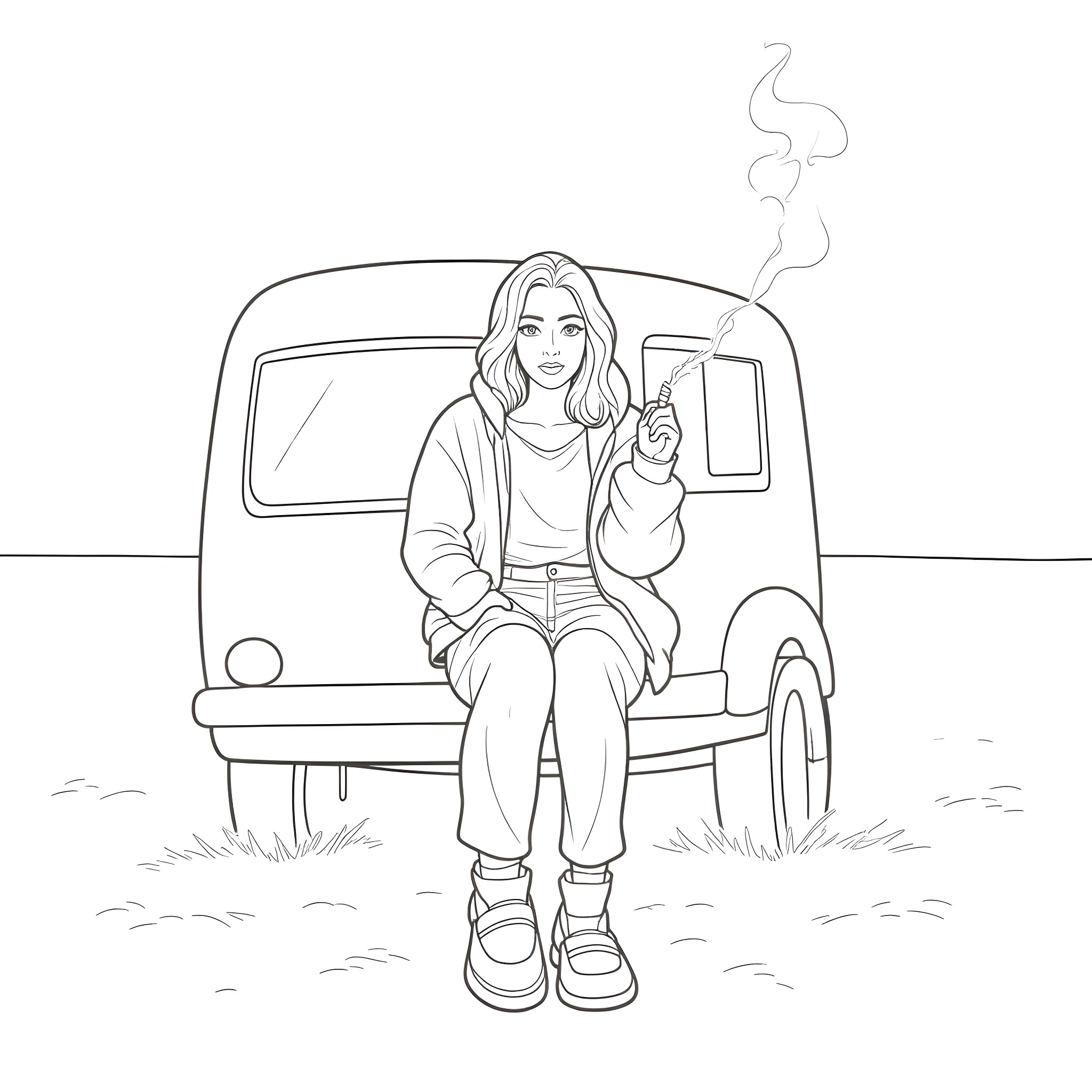 Mom enjoying a break by the vintage truck Coloring Page (free black-and-white line drawing printable PDF for all, from beginners to advanced learners, including children, teens, adults, and seniors)