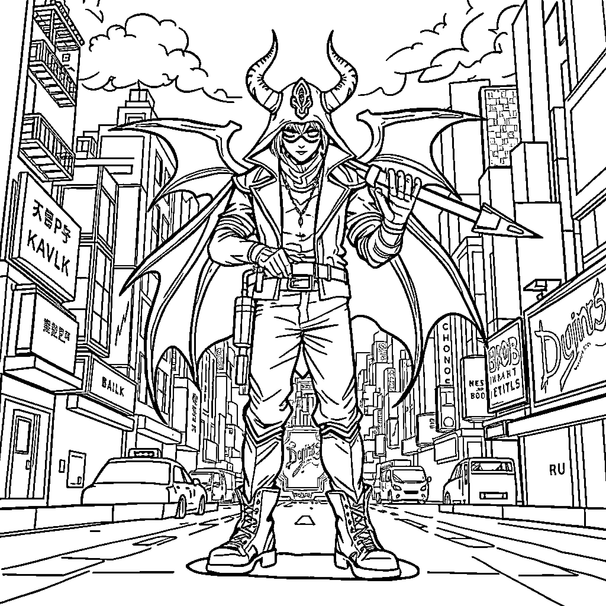 Demon Hunter stalking through the urban city Coloring Page (free black-and-white line drawing printable PDF for all, from beginners to advanced learners, including children, teens, adults, and seniors)