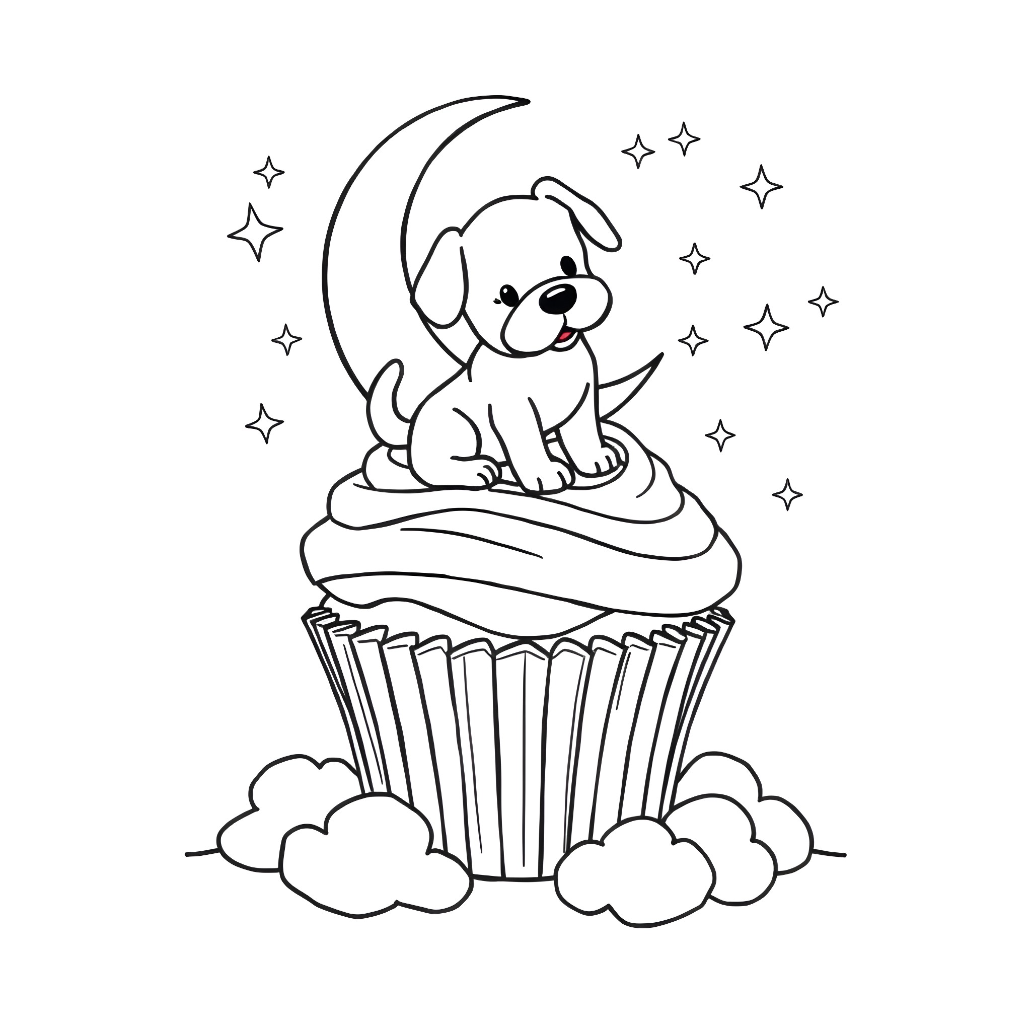 Dog sitting on a magical cupcake under the stars Coloring Page (free black-and-white line drawing printable PDF for all, from beginners to advanced learners, including children, teens, adults, and seniors)
