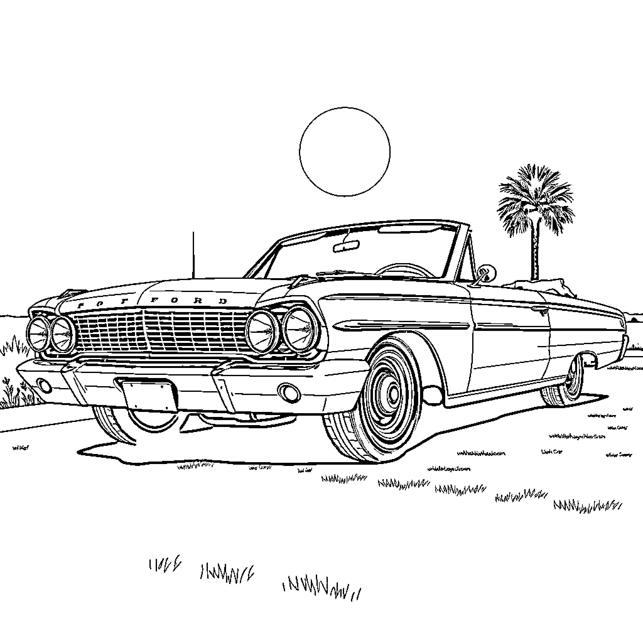Ford Galaxie cruising on the open road Coloring Page (free black-and-white line drawing printable PDF for all, from beginners to advanced learners, including children, teens, adults, and seniors)