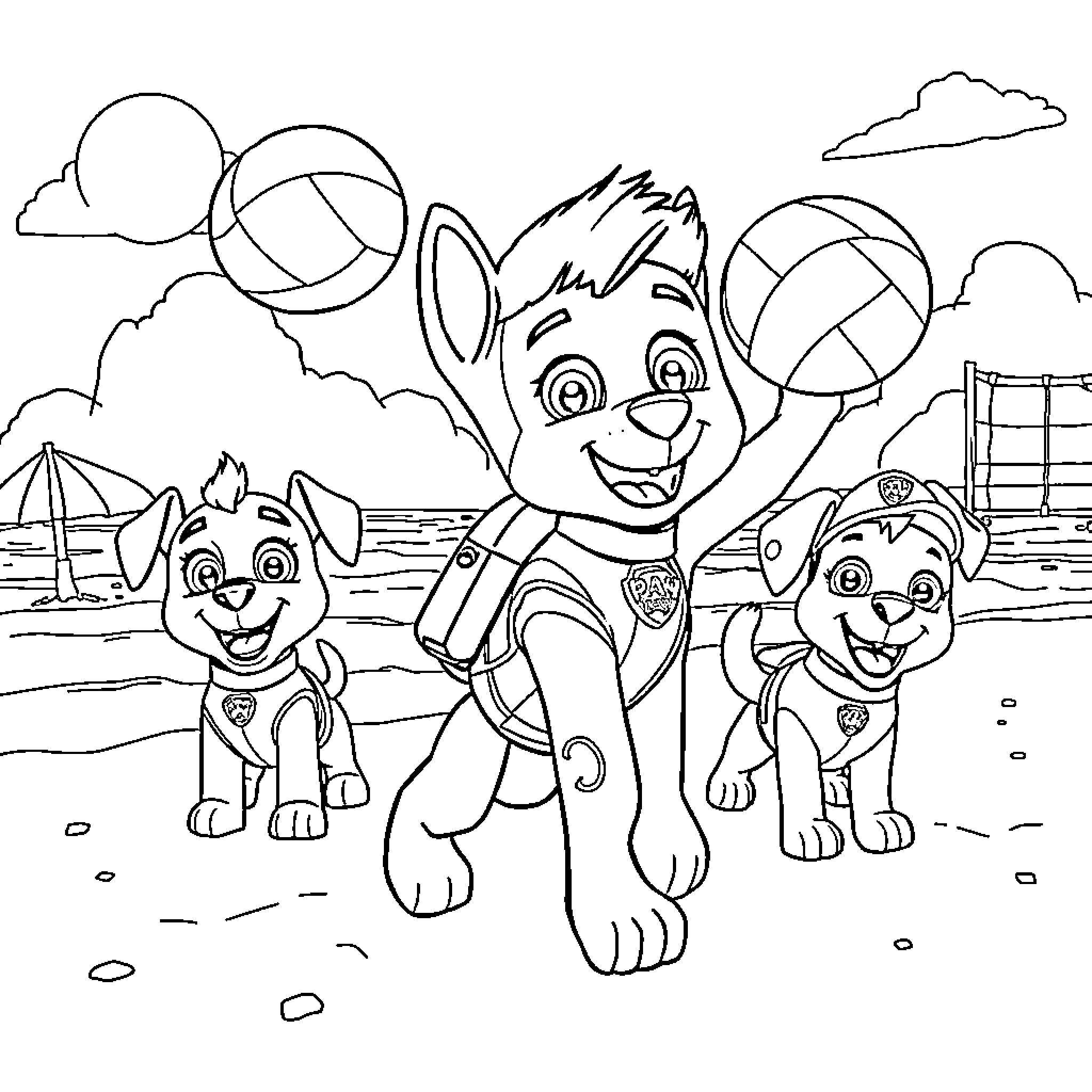 Ryder and the Paw Patrol pups at the beach Coloring Page (free black-and-white line drawing printable PDF for all, from beginners to advanced learners, including children, teens, adults, and seniors)