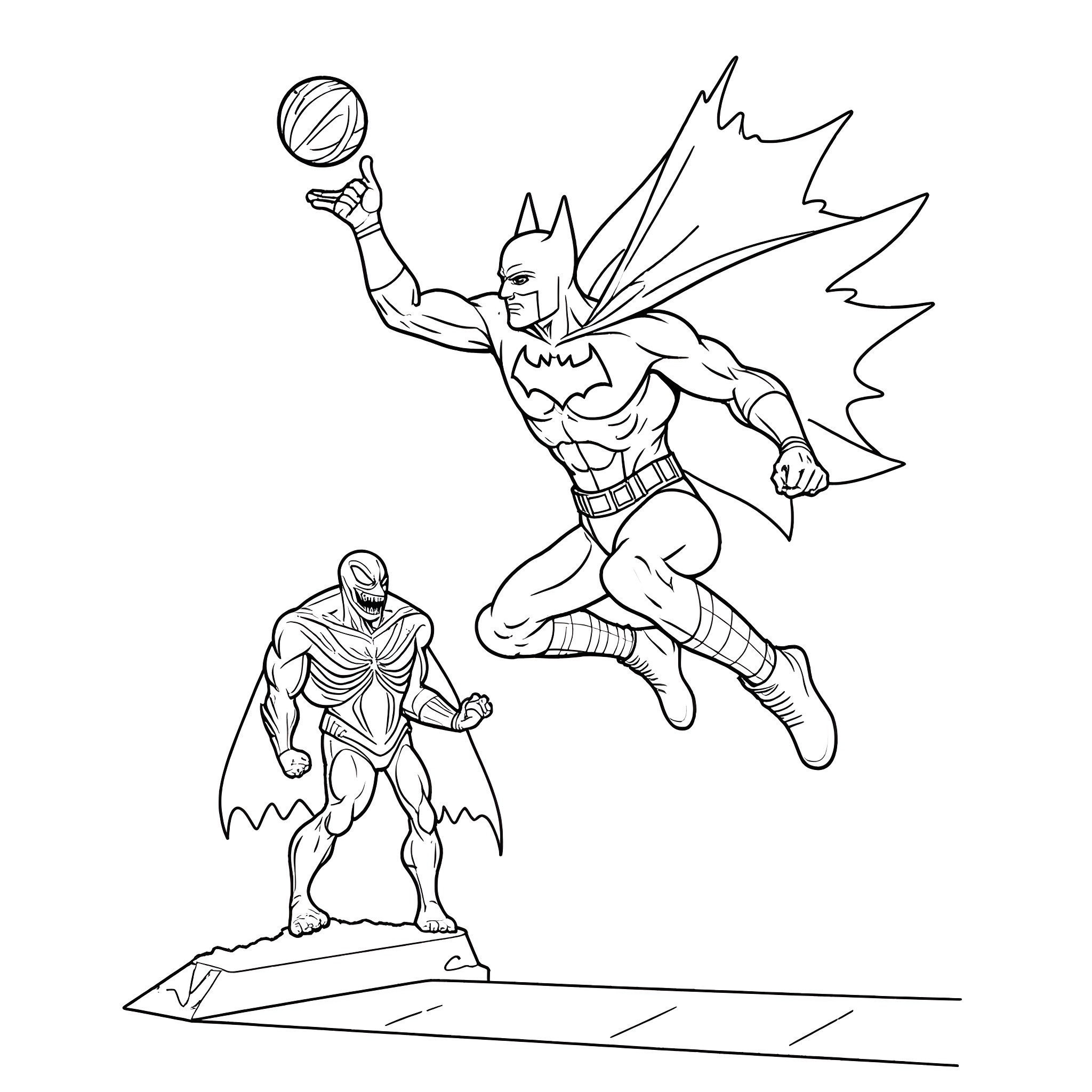 Batman heroically fighting with a villain Coloring Page (free black-and-white line drawing printable PDF for all, from beginners to advanced learners, including children, teens, adults, and seniors)