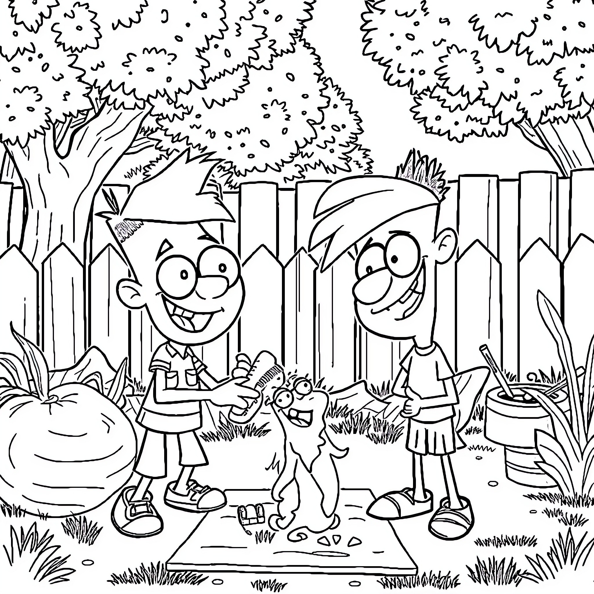 Phineas and Ferb's Outdoor Adventure Coloring Page (free black-and-white line drawing printable PDF for all, from beginners to advanced learners, including children, teens, adults, and seniors)