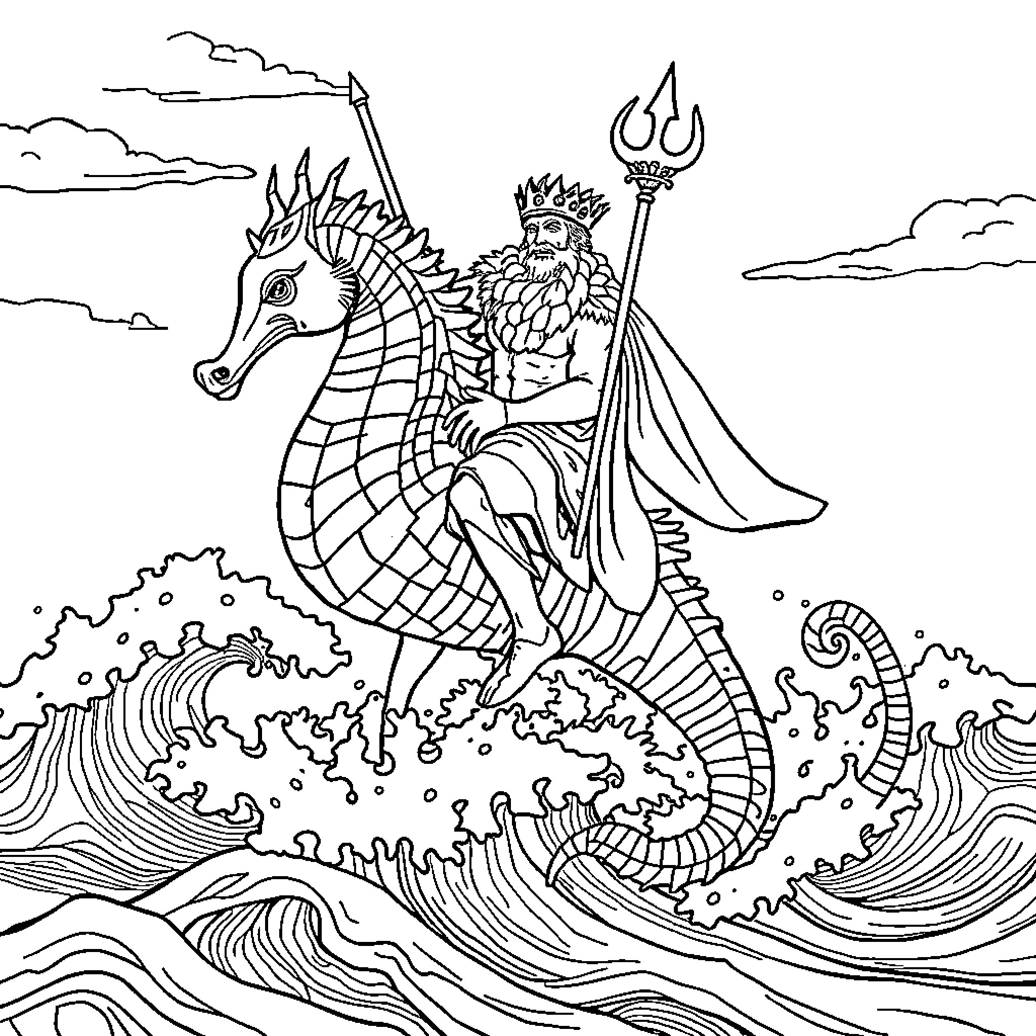 Neptune riding a majestic seahorse through the waves Coloring Page (free black-and-white line drawing printable PDF for all, from beginners to advanced learners, including children, teens, adults, and seniors)