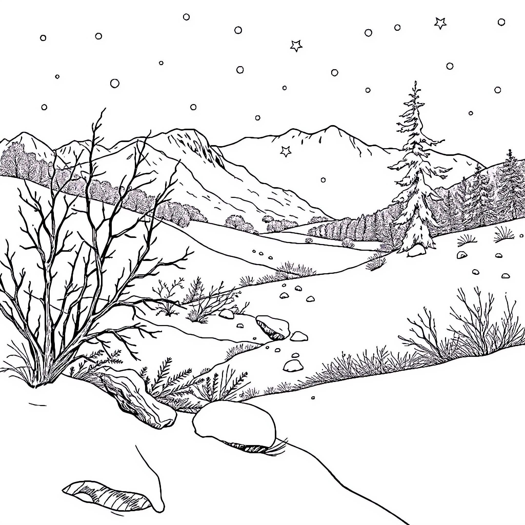 Frozen winter landscape with snowy mountains and trees Coloring Page (free black-and-white line drawing printable PDF for all, from beginners to advanced learners, including children, teens, adults, and seniors)