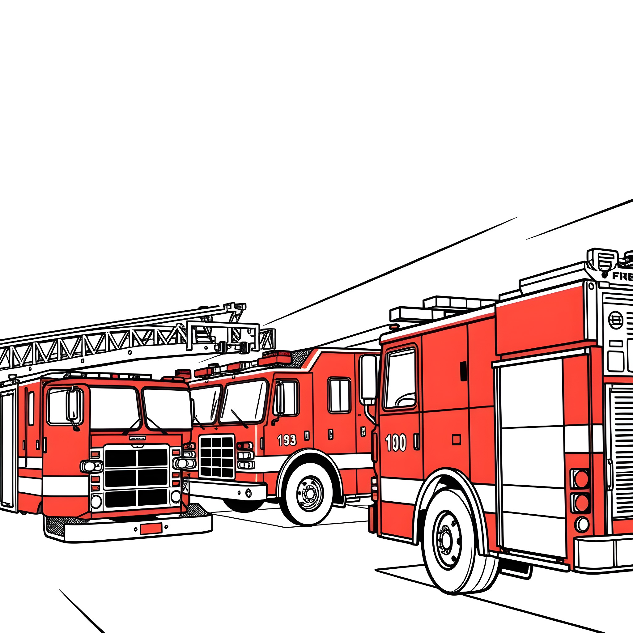 Fire Engine Responding to Emergency Call Coloring Page (free black-and-white line drawing printable PDF for all, from beginners to advanced learners, including children, teens, adults, and seniors)