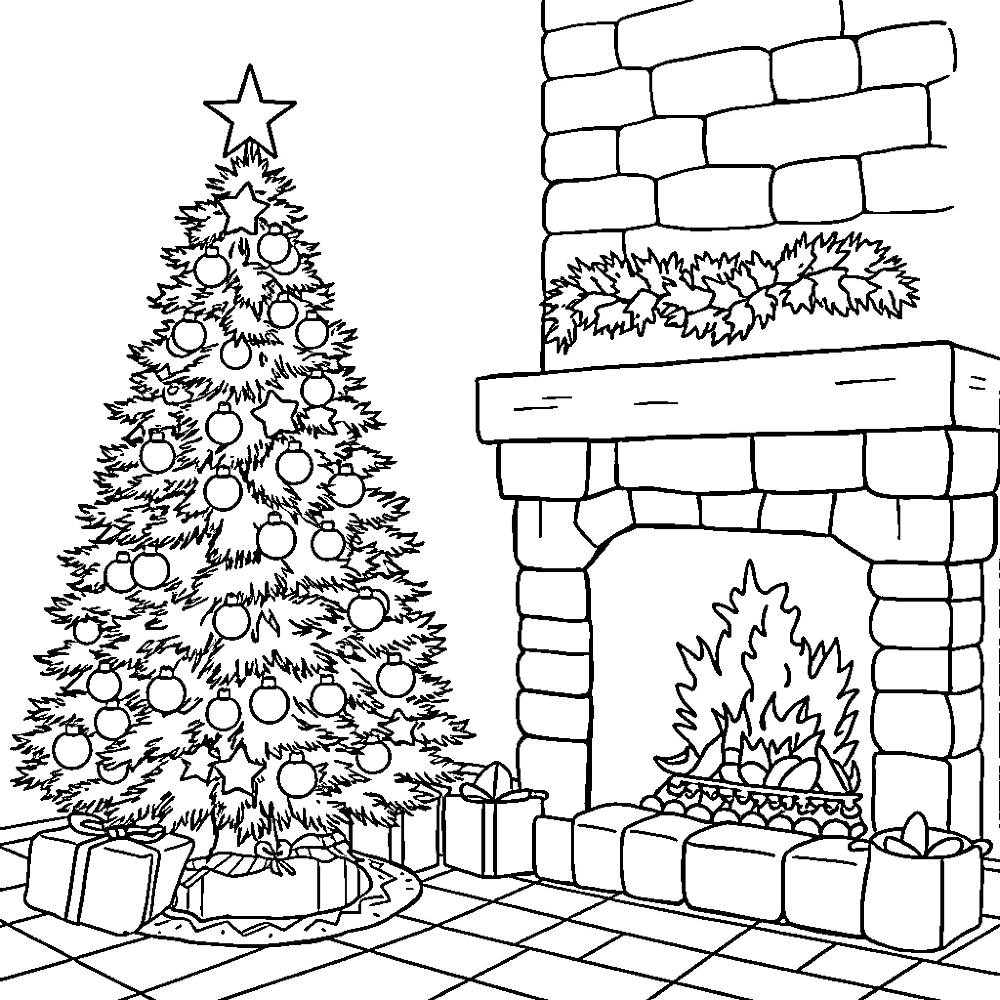 Christmas Tree Decorated with Ornaments in Cozy Fireplace Setting Coloring Page (free black-and-white line drawing printable PDF for all, from beginners to advanced learners, including children, teens, adults, and seniors)