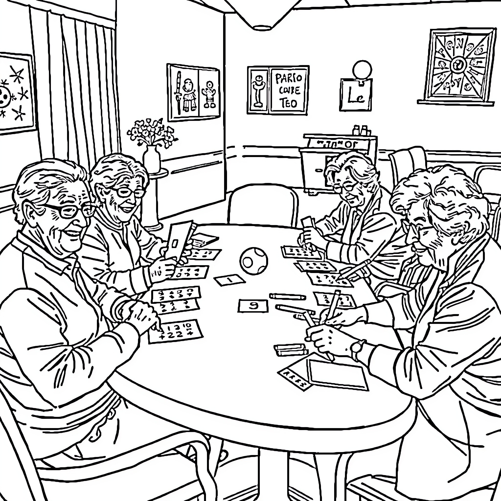 Senior Card Game Gathering with Friends Coloring Page (free black-and-white line drawing printable PDF for all, from beginners to advanced learners, including children, teens, adults, and seniors)