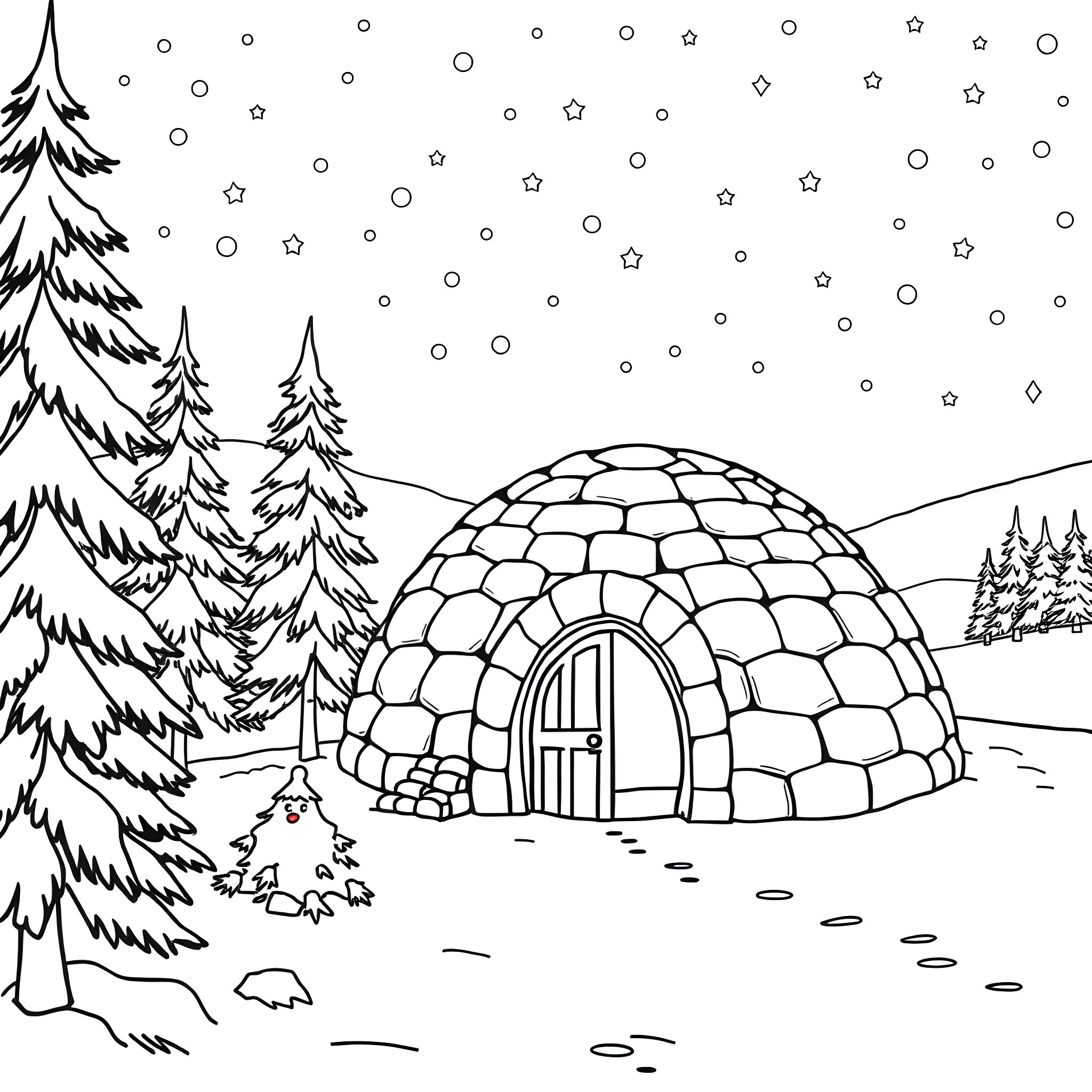 Igloo in snowy winter landscape Coloring Page (free black-and-white line drawing printable PDF for all, from beginners to advanced learners, including children, teens, adults, and seniors)