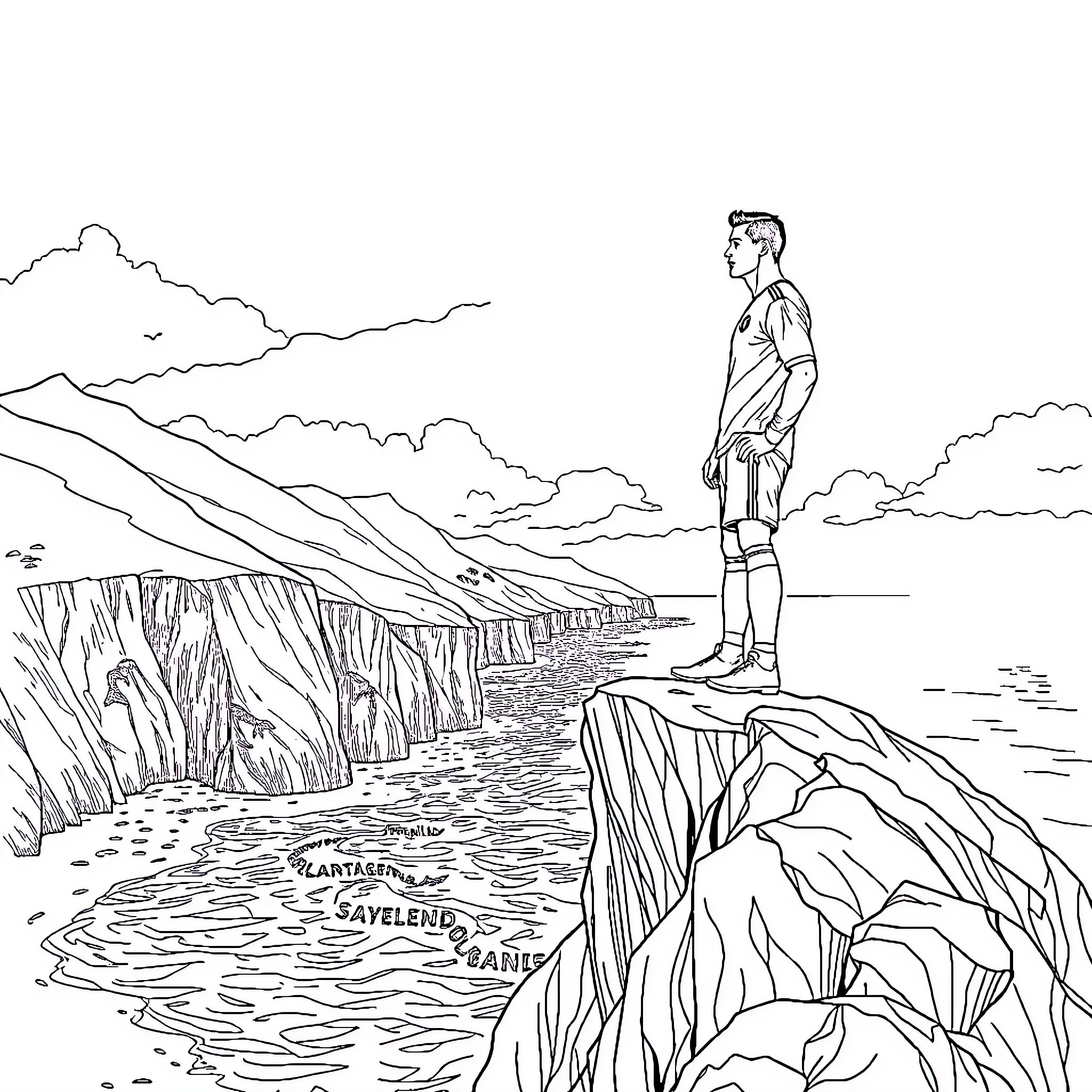 Ronaldo overlooking a rugged coastal landscape Coloring Page (free black-and-white line drawing printable PDF for all, from beginners to advanced learners, including children, teens, adults, and seniors)