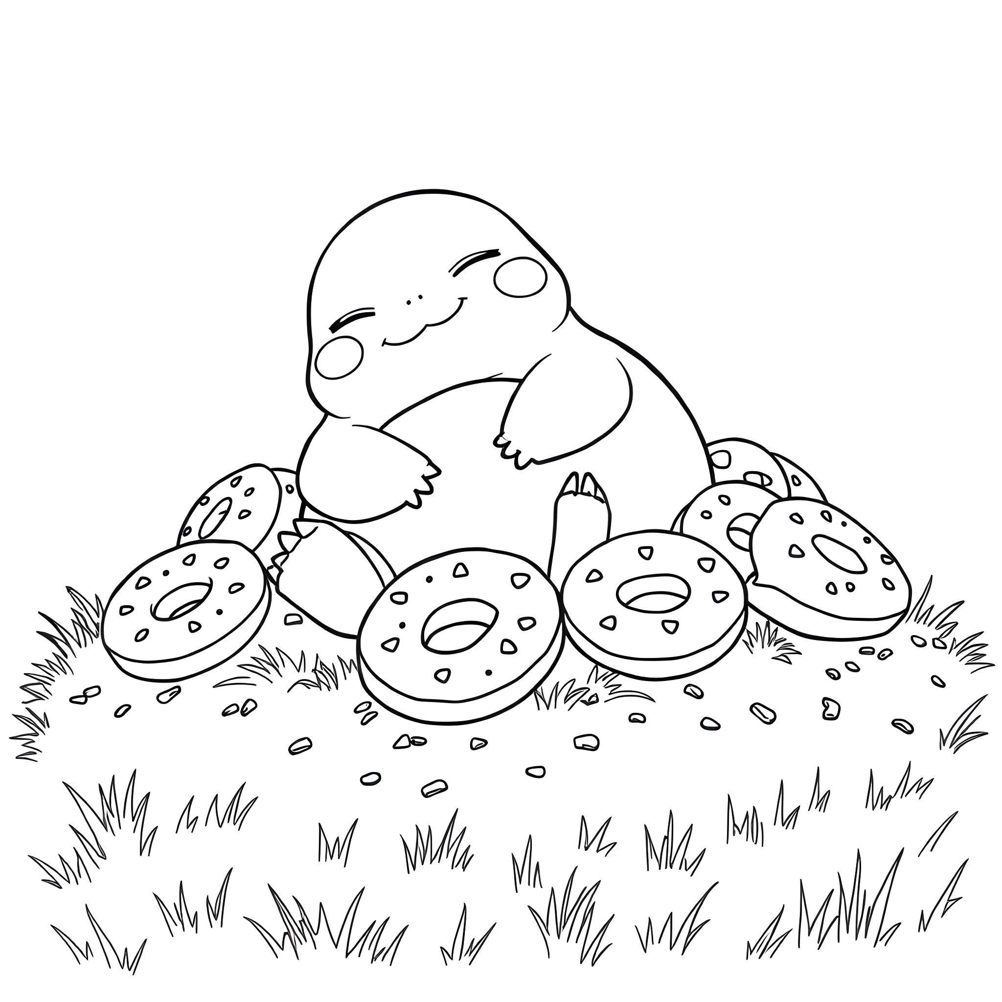 Snorlax enjoying a tasty picnic with donuts Coloring Page (free black-and-white line drawing printable PDF for all, from beginners to advanced learners, including children, teens, adults, and seniors)