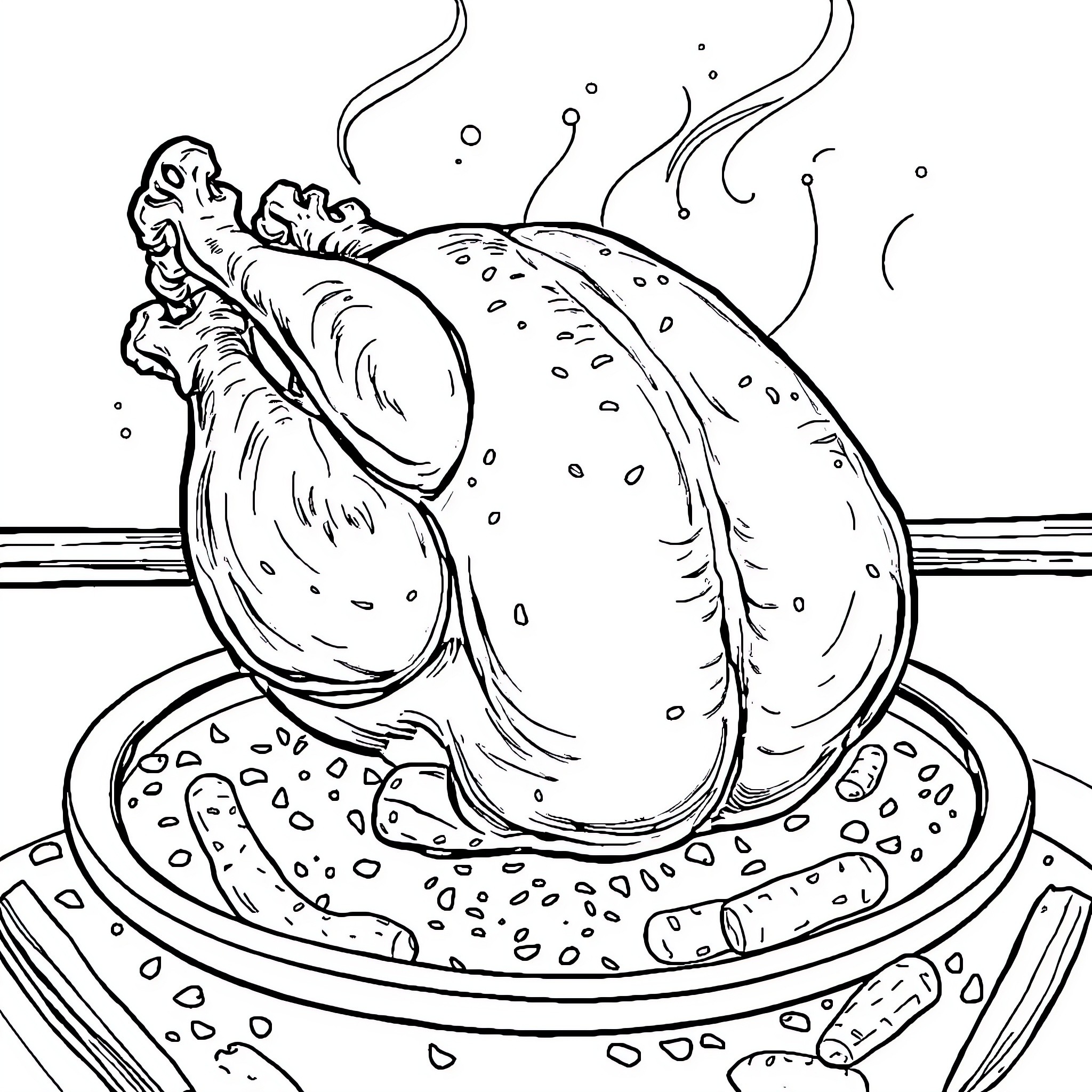 Chicken roasted and ready to serve Coloring Page (free black-and-white line drawing printable PDF for all, from beginners to advanced learners, including children, teens, adults, and seniors)