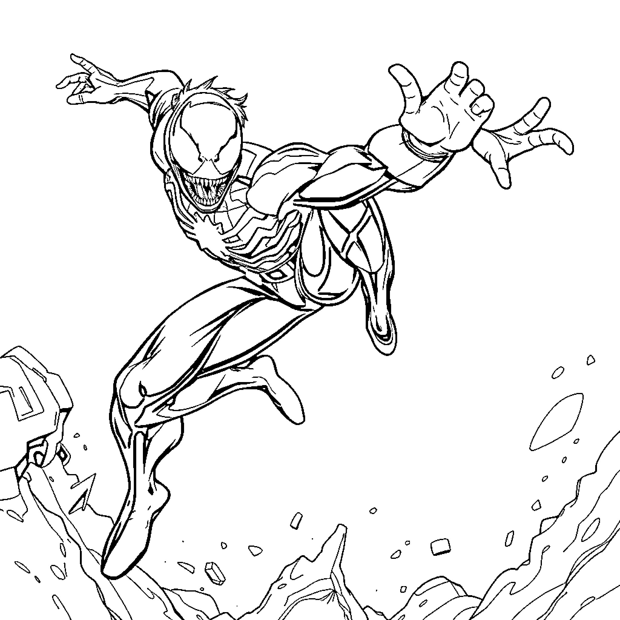 Myles Morales in action-packed heroic pose Coloring Page (free black-and-white line drawing printable PDF for all, from beginners to advanced learners, including children, teens, adults, and seniors)