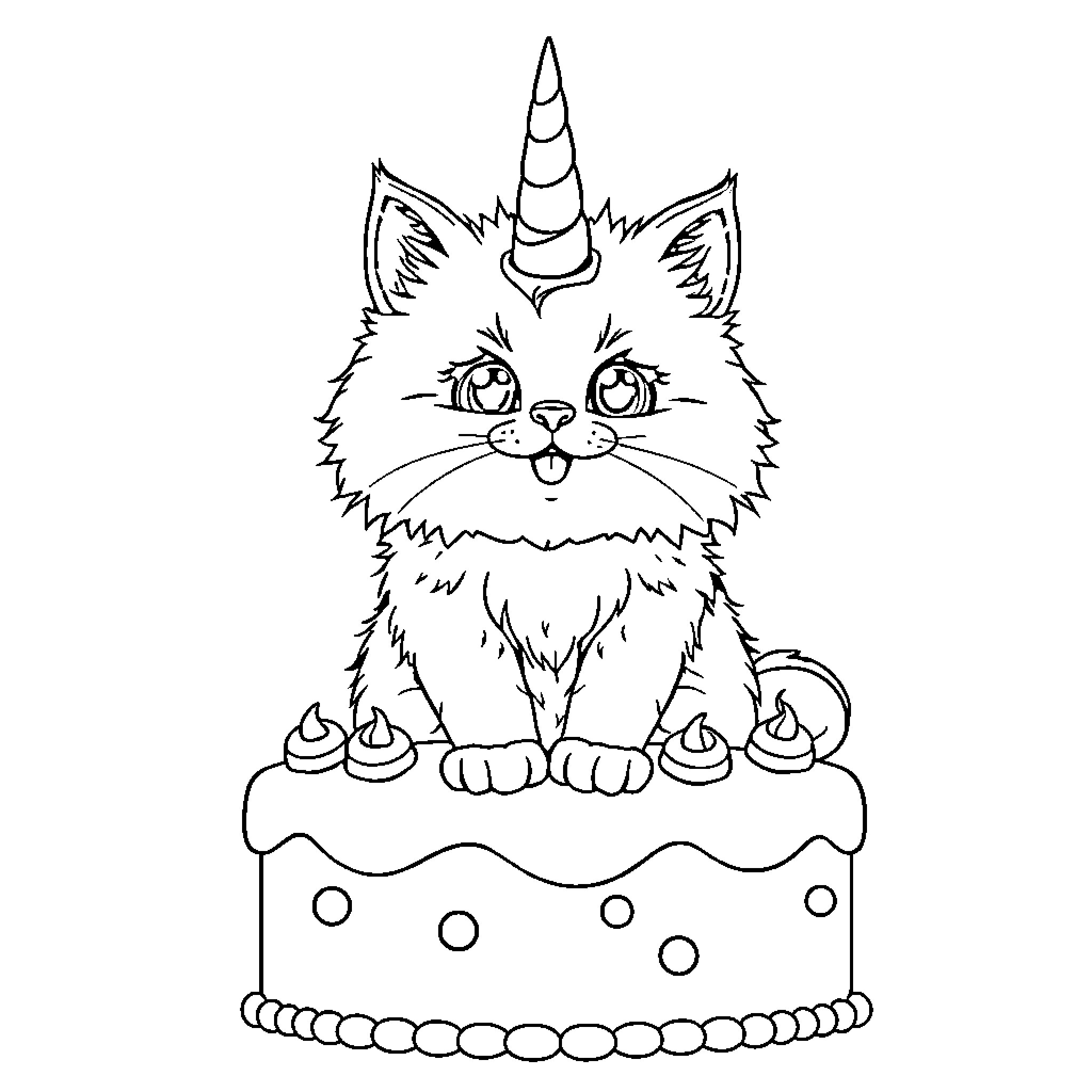 Unicorn Cat with a Cake Coloring Page (free black-and-white line drawing printable PDF for all, from beginners to advanced learners, including children, teens, adults, and seniors)