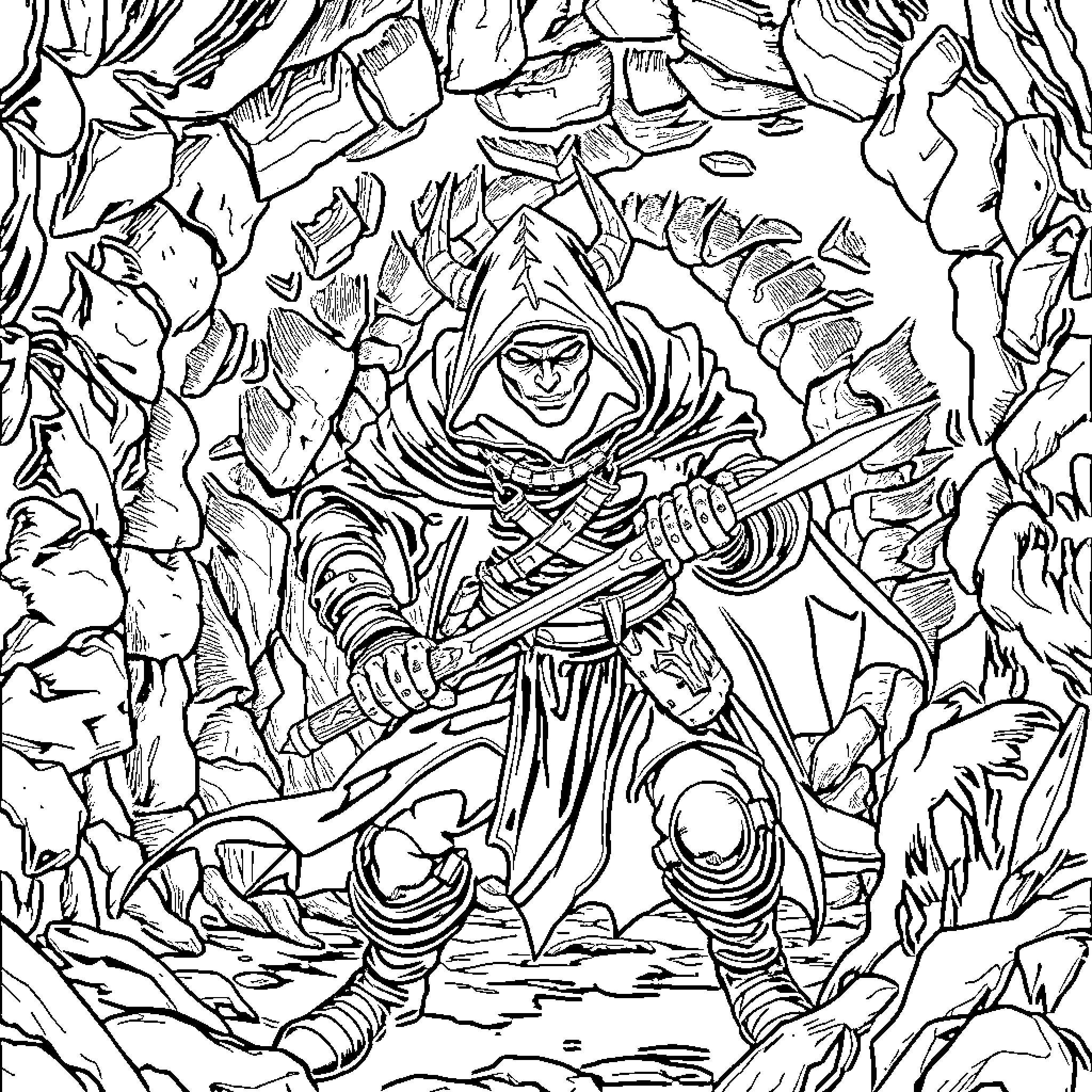 Dragonborn warrior wielding sword in a rugged landscape Coloring Page (free black-and-white line drawing printable PDF for all, from beginners to advanced learners, including children, teens, adults, and seniors)