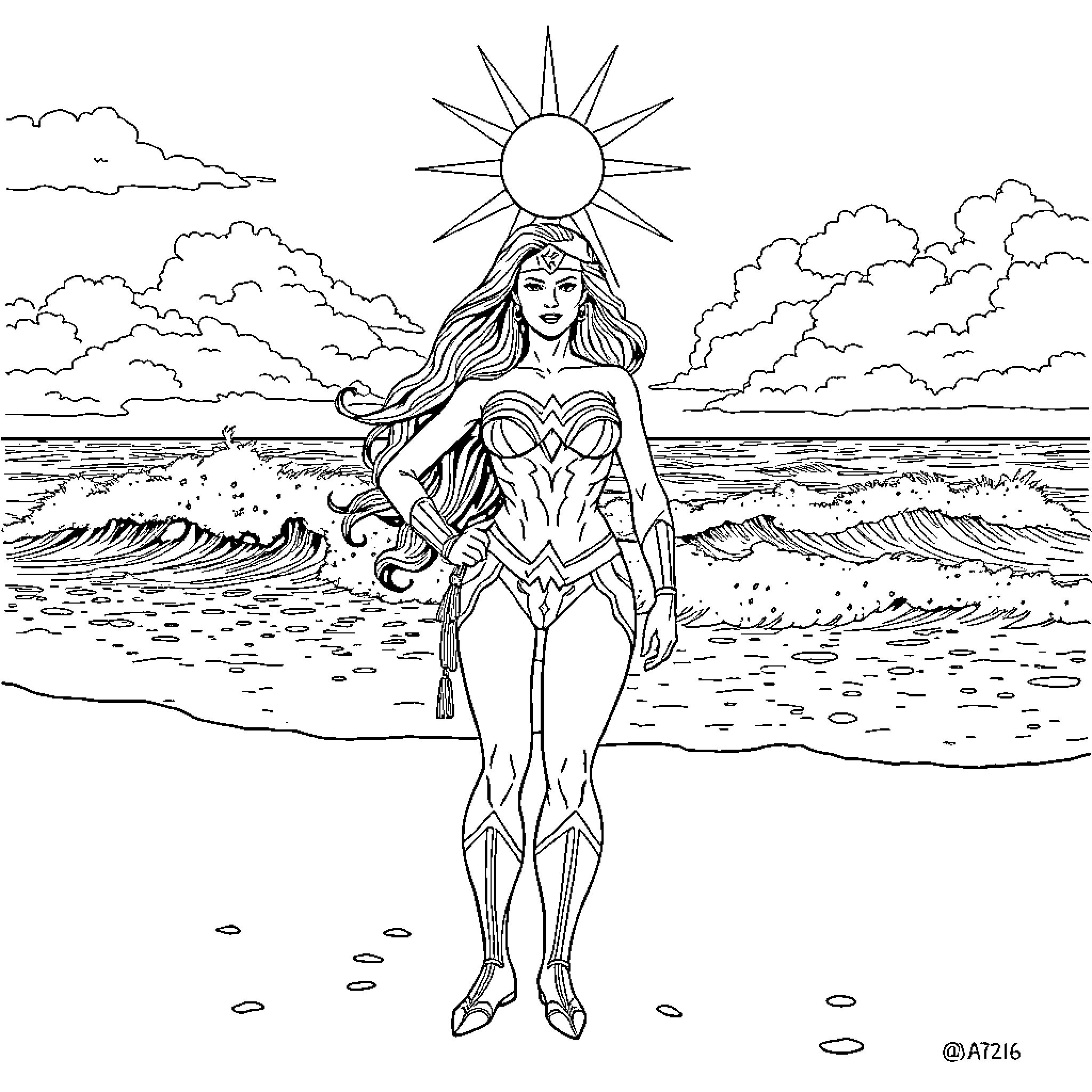 Wonder Woman battles the crashing waves Coloring Page (free black-and-white line drawing printable PDF for all, from beginners to advanced learners, including children, teens, adults, and seniors)