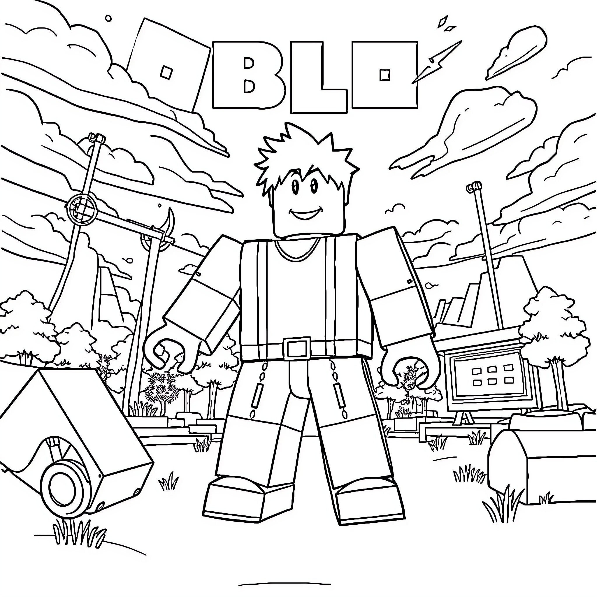 Roblox player exploring outdoor adventure Coloring Page (free black-and-white line drawing printable PDF for all, from beginners to advanced learners, including children, teens, adults, and seniors)