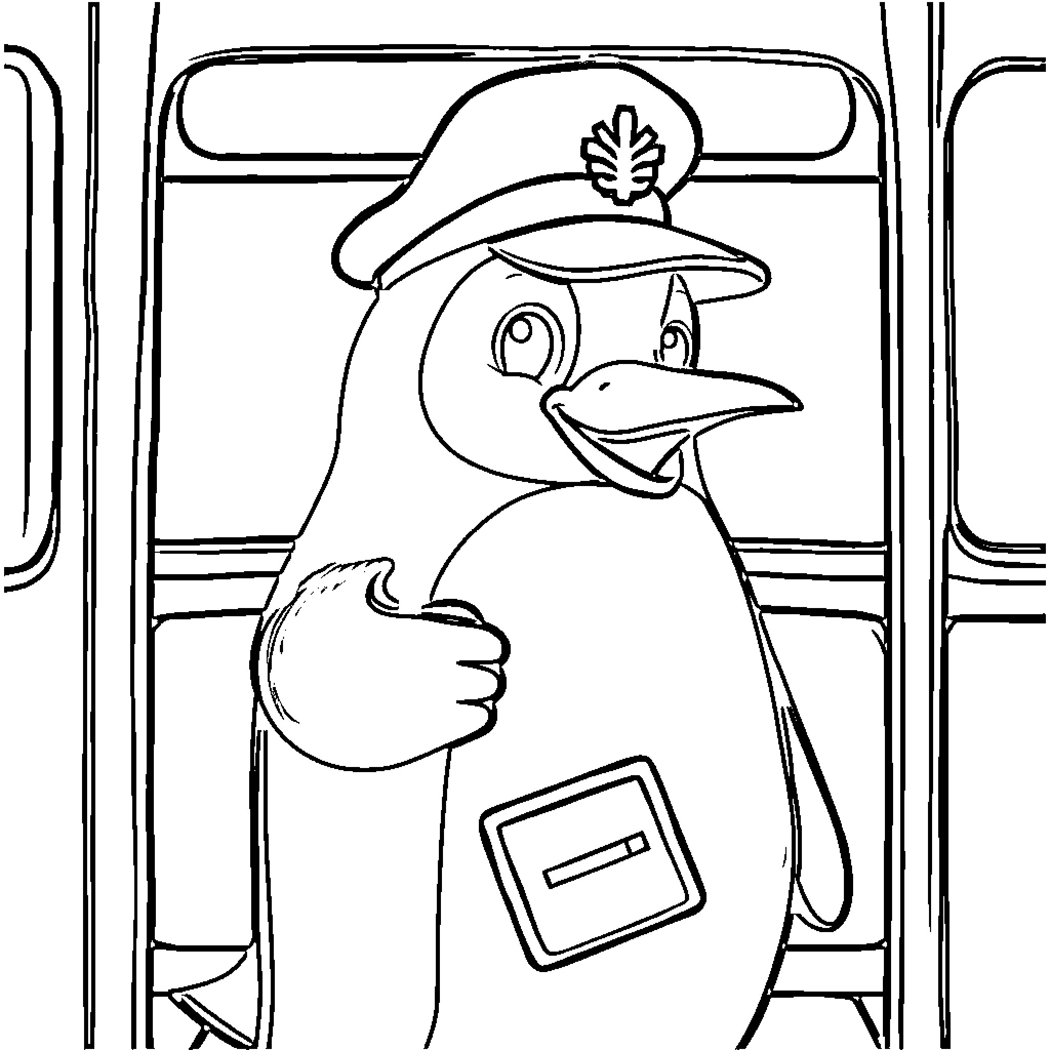 Penguin Conductor Aboard a Train Coloring Page (free black-and-white line drawing printable PDF for all, from beginners to advanced learners, including children, teens, adults, and seniors)