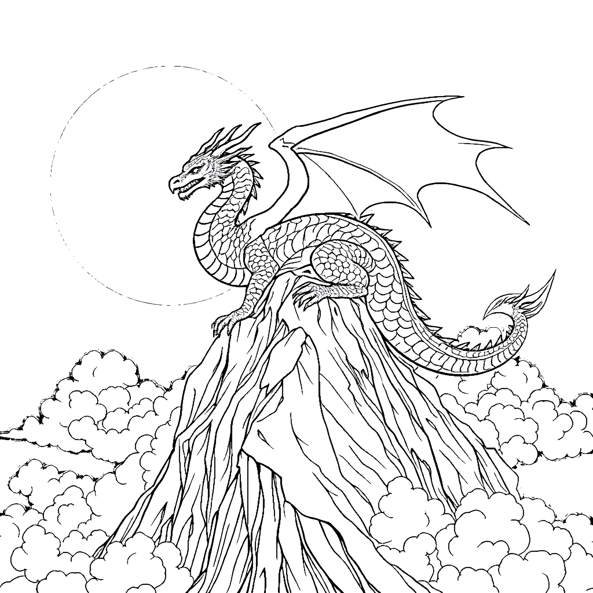 Dragon soaring in the cloudy sky Coloring Page (free black-and-white line drawing printable PDF for all, from beginners to advanced learners, including children, teens, adults, and seniors)