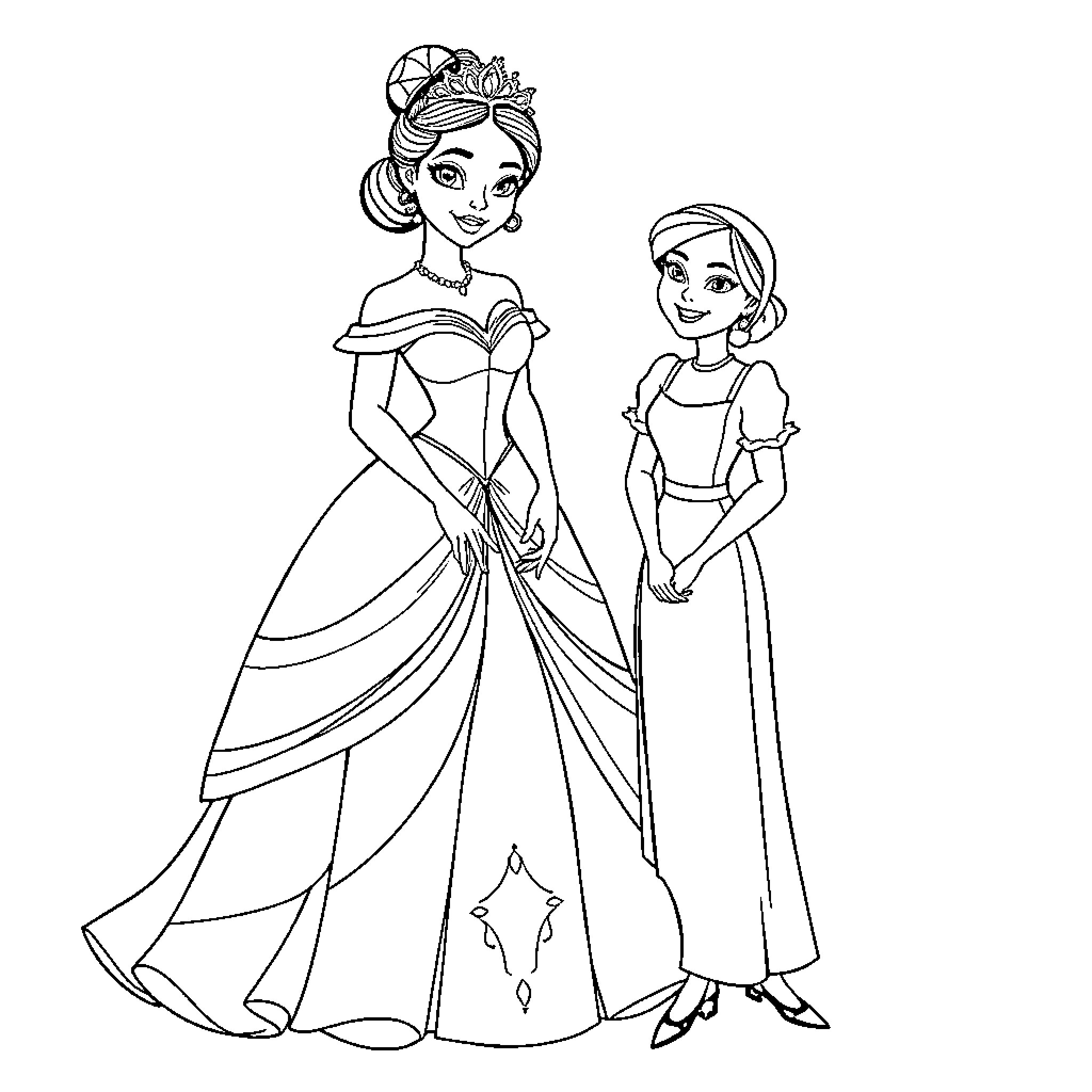 Princess and Her Companion in Elegant Attire Coloring Page (free black-and-white line drawing printable PDF for all, from beginners to advanced learners, including children, teens, adults, and seniors)