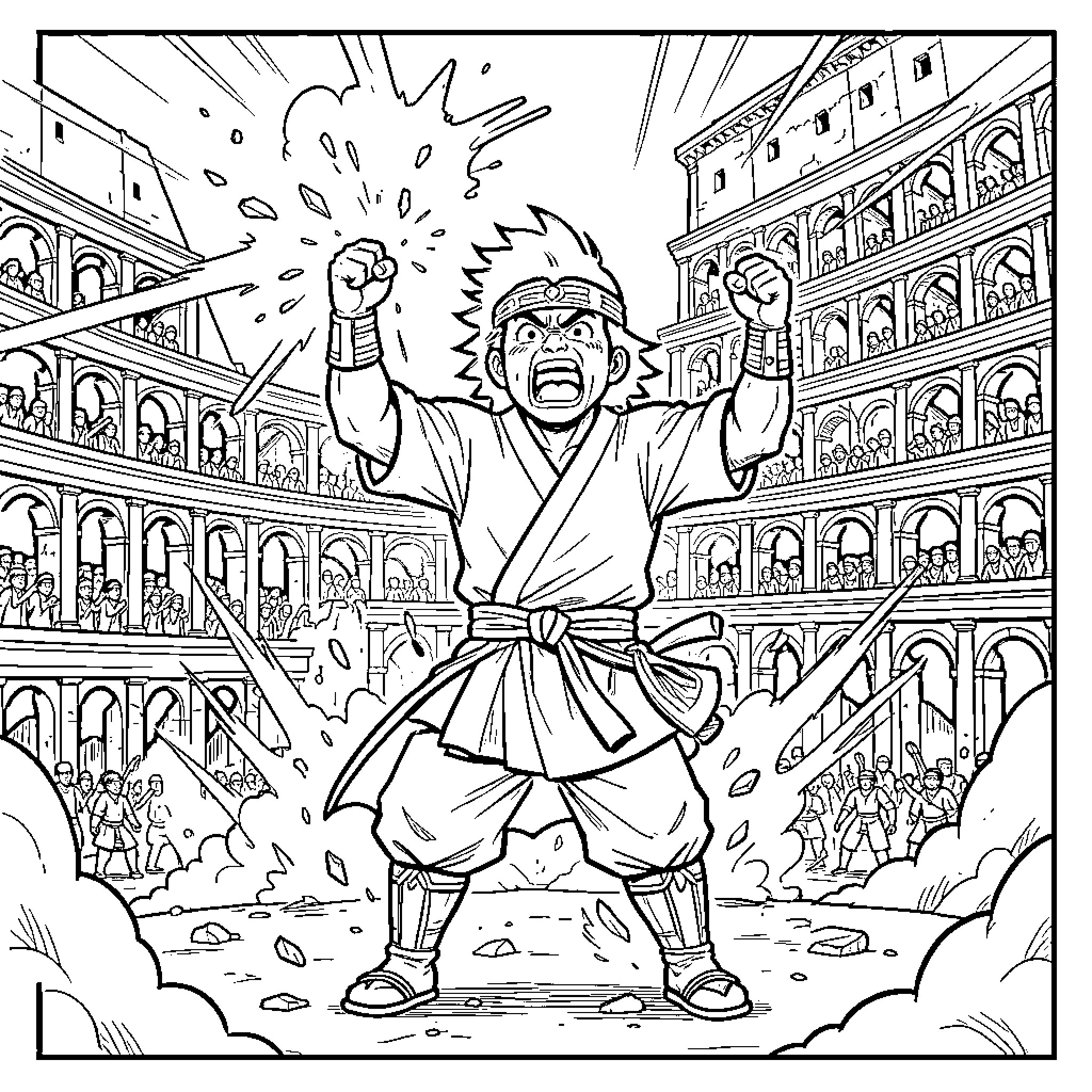 Sangoku shouting powerfully with clenched fists in an arena Coloring Page (free black-and-white line drawing printable PDF for all, from beginners to advanced learners, including children, teens, adults, and seniors)