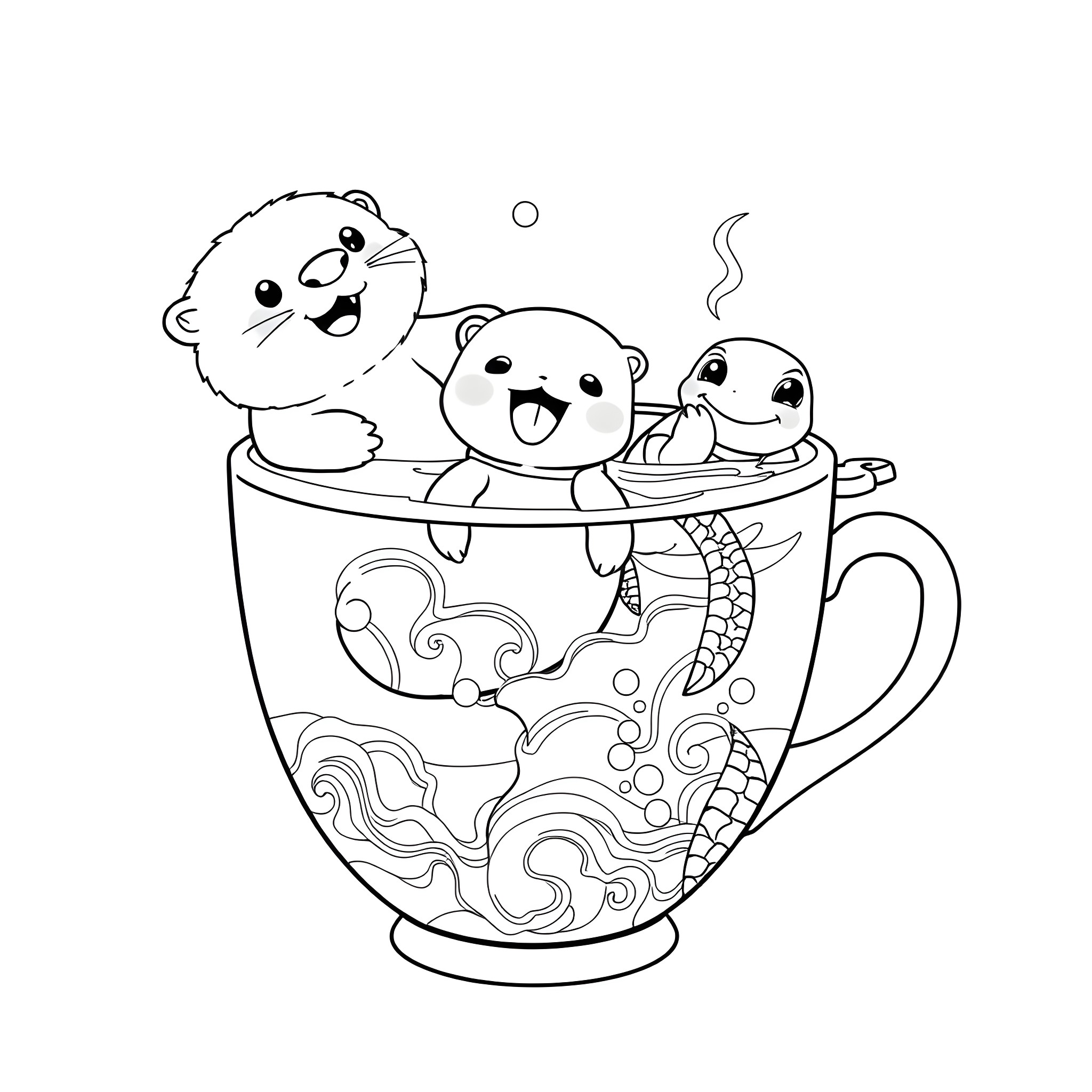Otters enjoying a warm cup of tea Coloring Page (free black-and-white line drawing printable PDF for all, from beginners to advanced learners, including children, teens, adults, and seniors)