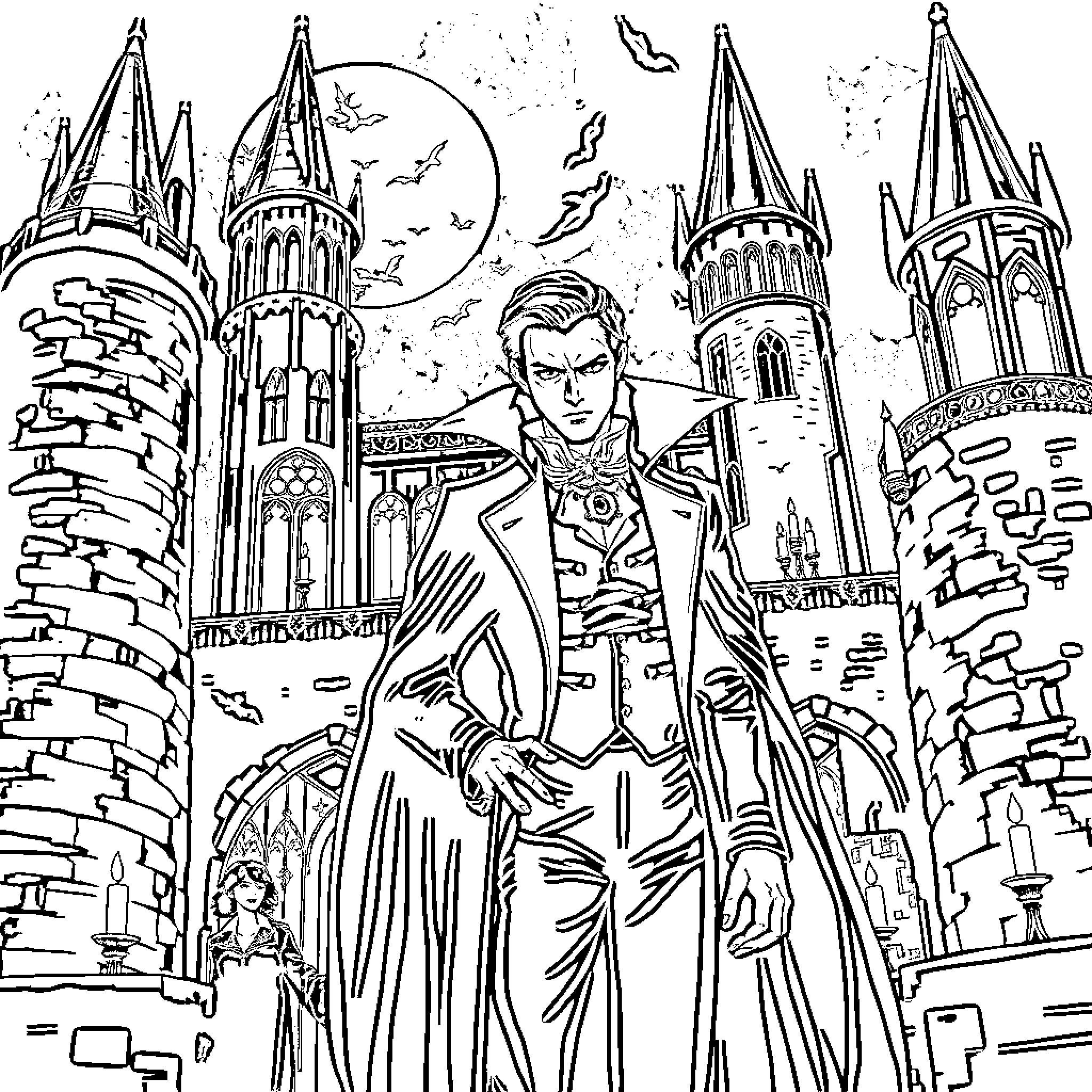 Vampire Count Standing Proudly in Gloomy Castle Coloring Page (free black-and-white line drawing printable PDF for all, from beginners to advanced learners, including children, teens, adults, and seniors)
