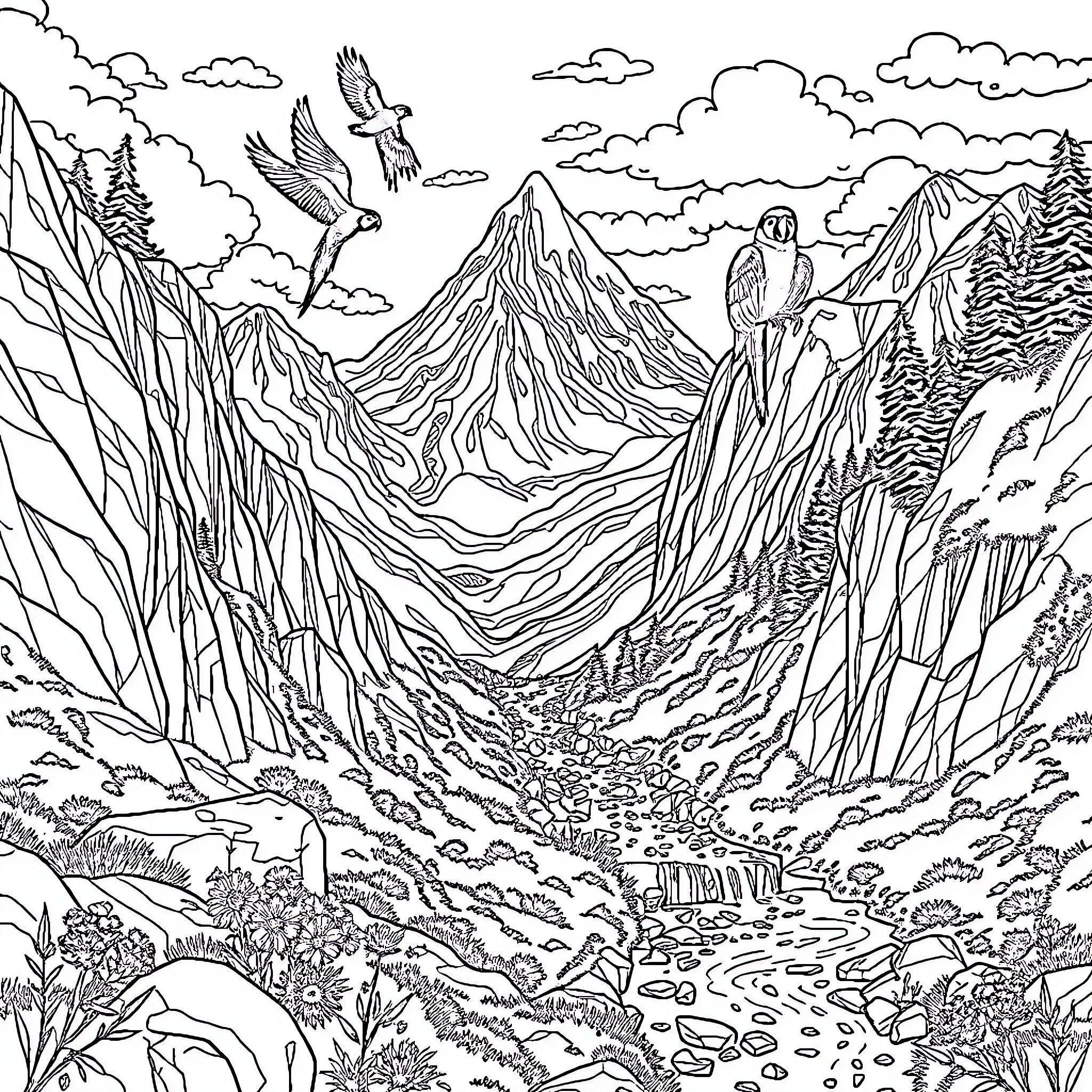 Mountain Landscape with Soaring Birds and Rugged Terrain Coloring Page (free black-and-white line drawing printable PDF for all, from beginners to advanced learners, including children, teens, adults, and seniors)