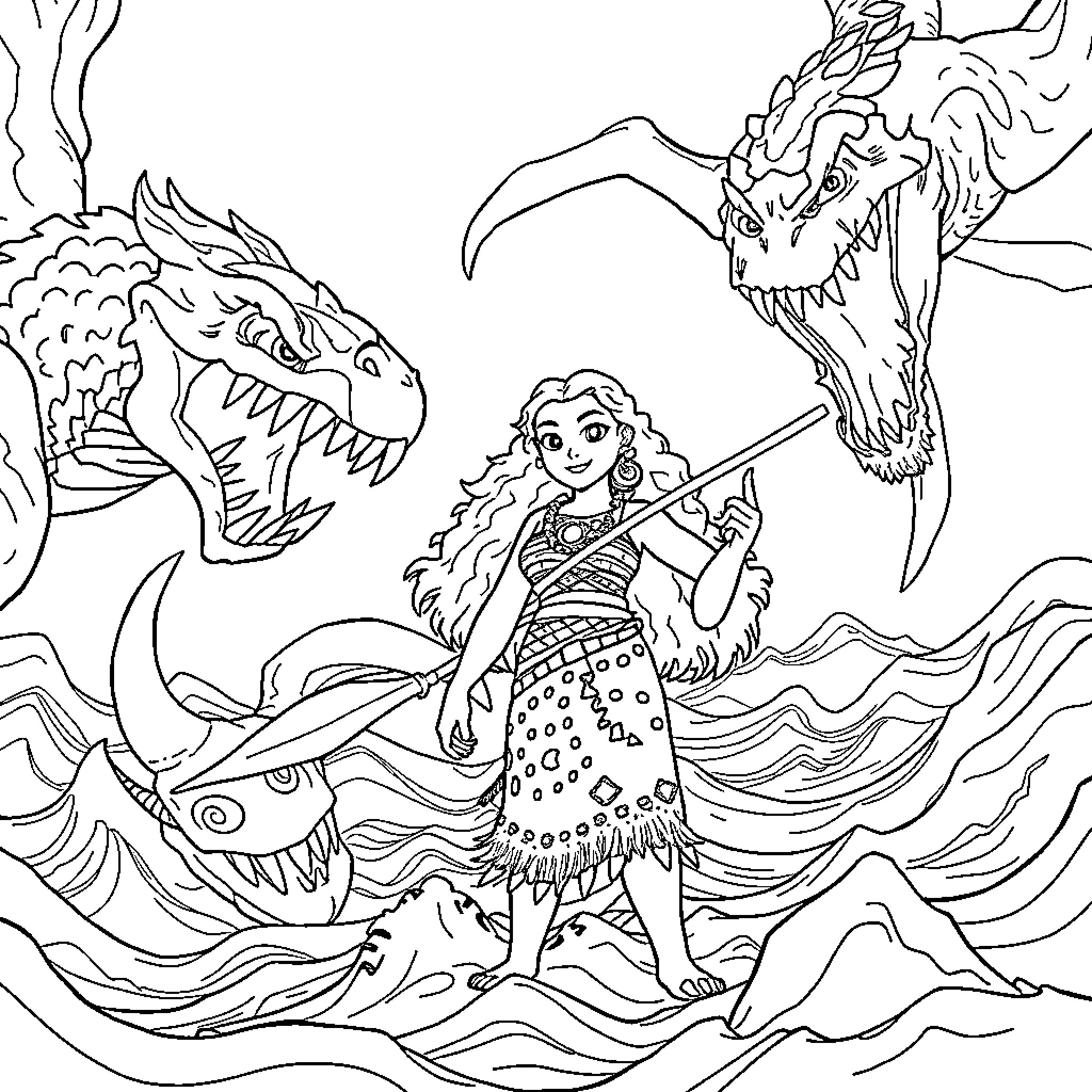 Moana battles fierce sea creatures Coloring Page (free black-and-white line drawing printable PDF for all, from beginners to advanced learners, including children, teens, adults, and seniors)