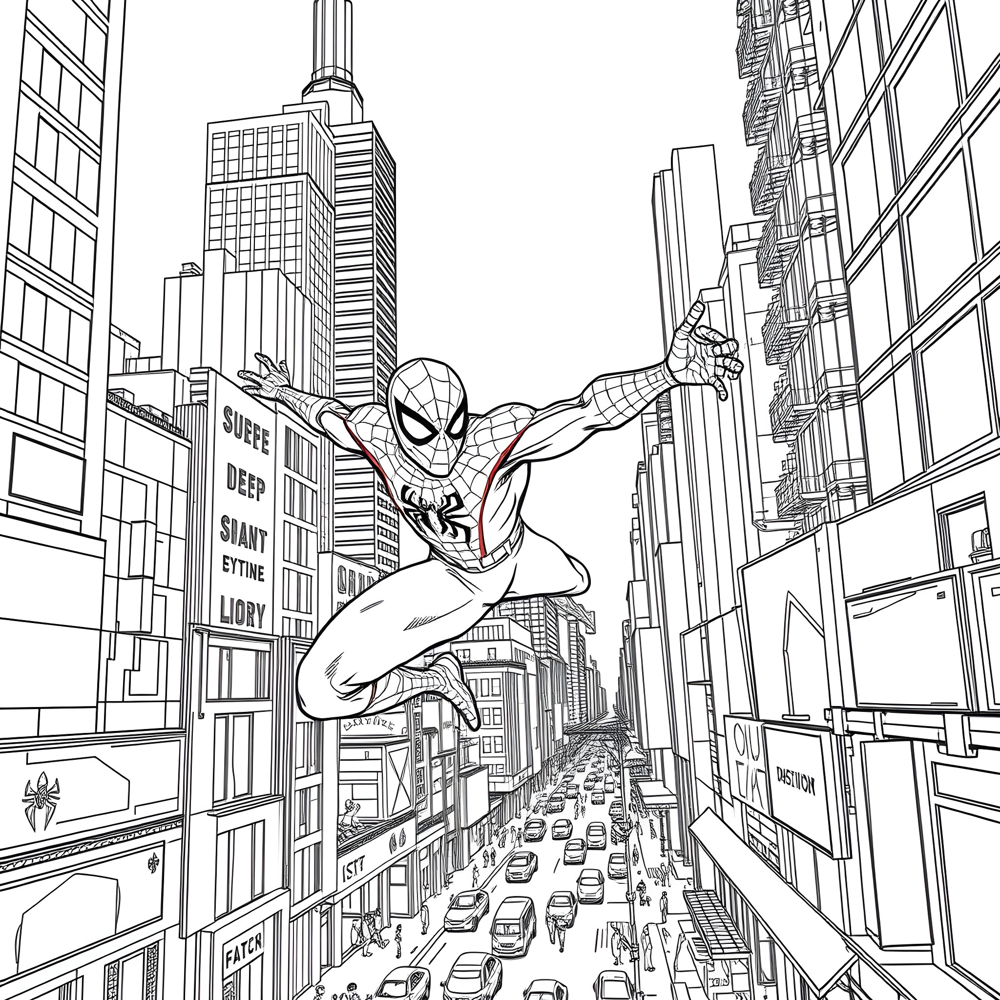 Spider-Man swinging through the bustling city streets Coloring Page (free black-and-white line drawing printable PDF for all, from beginners to advanced learners, including children, teens, adults, and seniors)