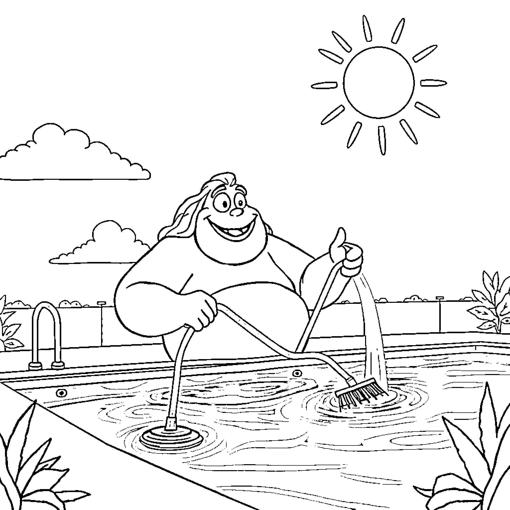 Giant Cartoon Figure Enjoying a Day at the Pool Coloring Page (free black-and-white line drawing printable PDF for all, from beginners to advanced learners, including children, teens, adults, and seniors)