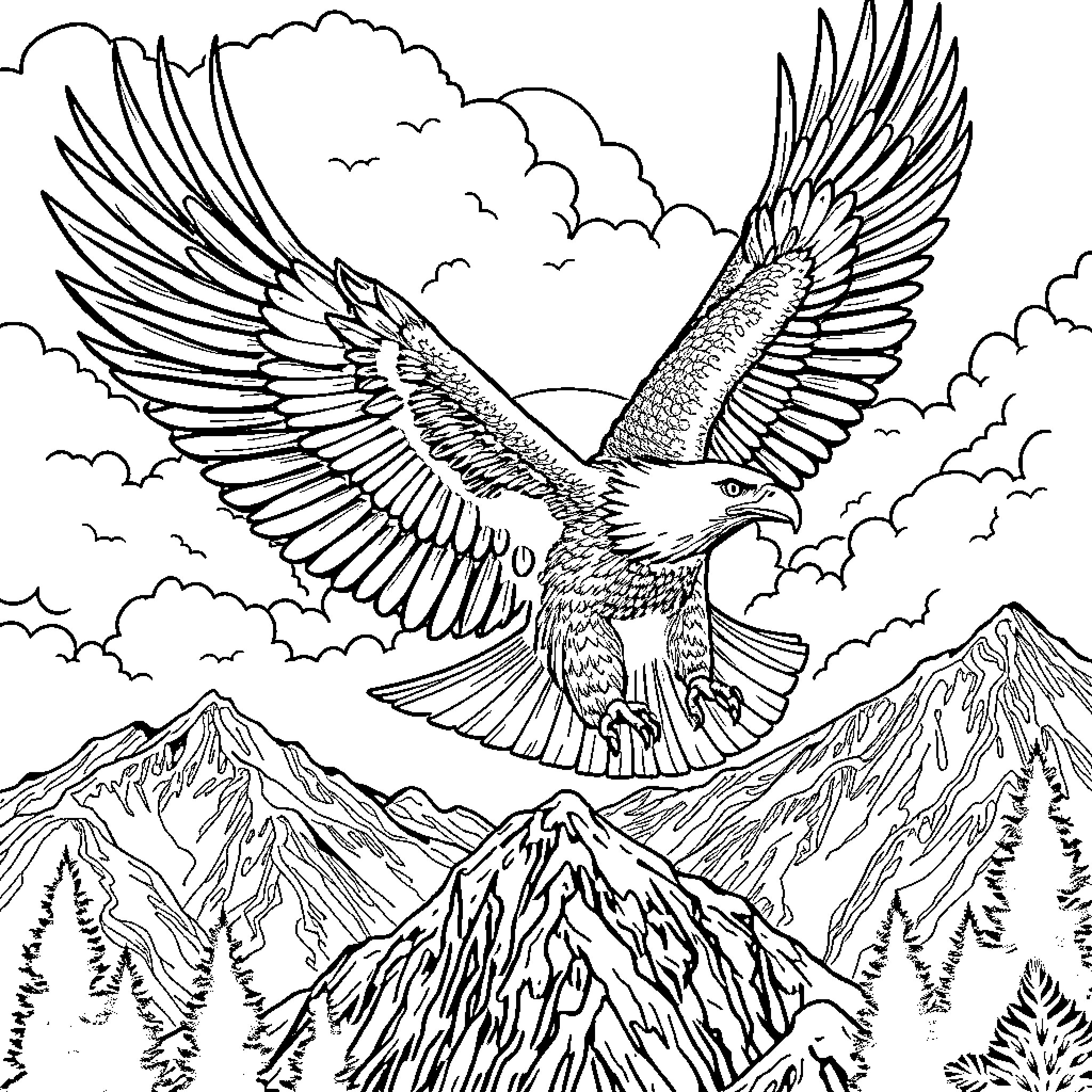 Eagle soaring gracefully over majestic mountain landscape Coloring Page (free black-and-white line drawing printable PDF for all, from beginners to advanced learners, including children, teens, adults, and seniors)