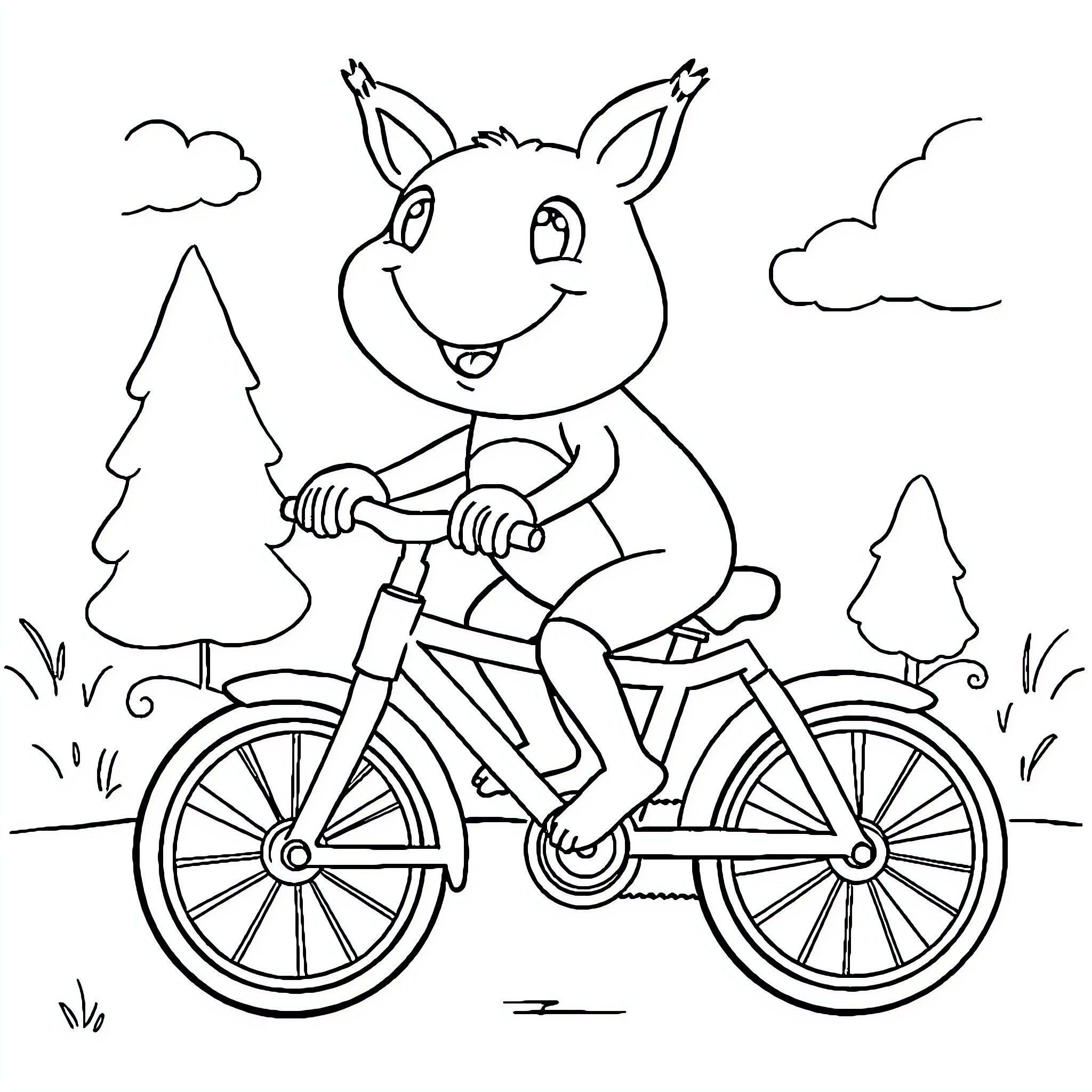 Grogu enjoying a bicycle ride in the forest Coloring Page (free black-and-white line drawing printable PDF for all, from beginners to advanced learners, including children, teens, adults, and seniors)