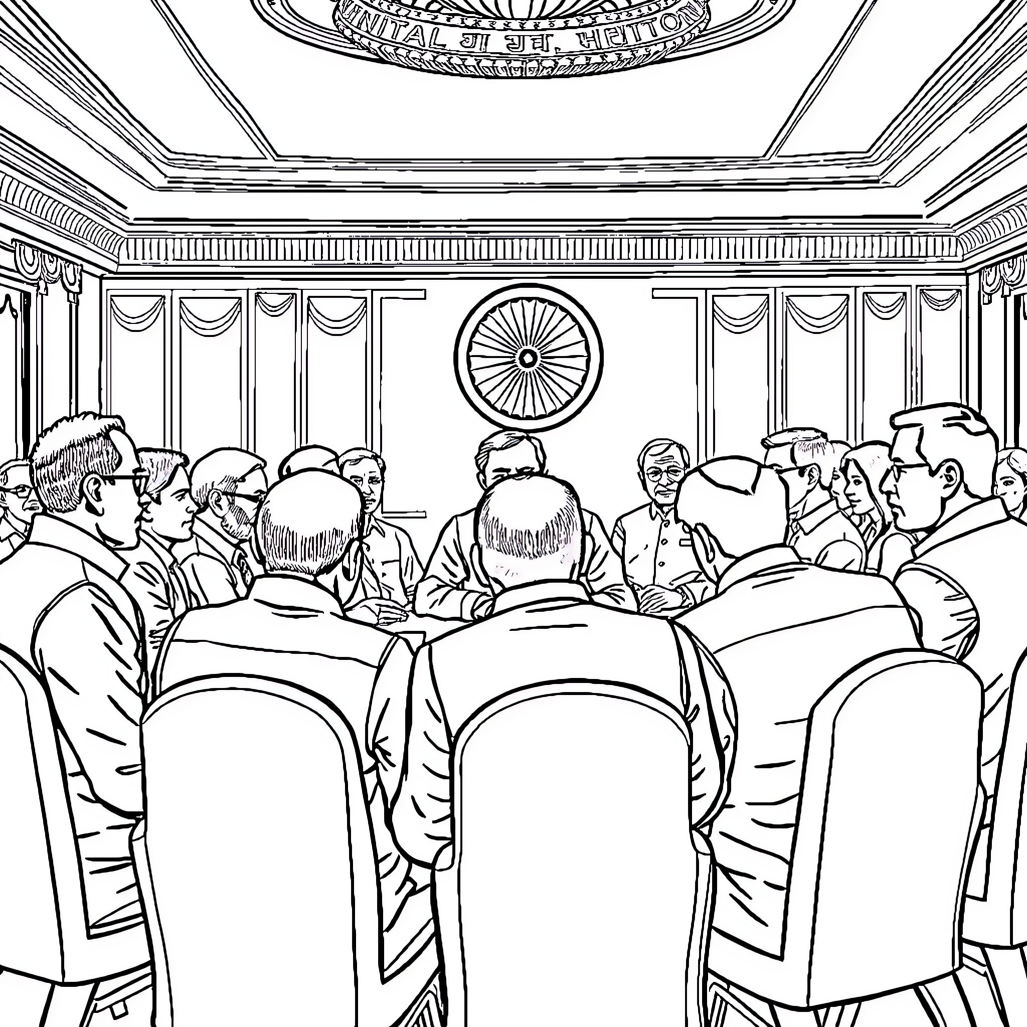 Politician Addressing Crowd in Formal Setting Coloring Page (free black-and-white line drawing printable PDF for all, from beginners to advanced learners, including children, teens, adults, and seniors)