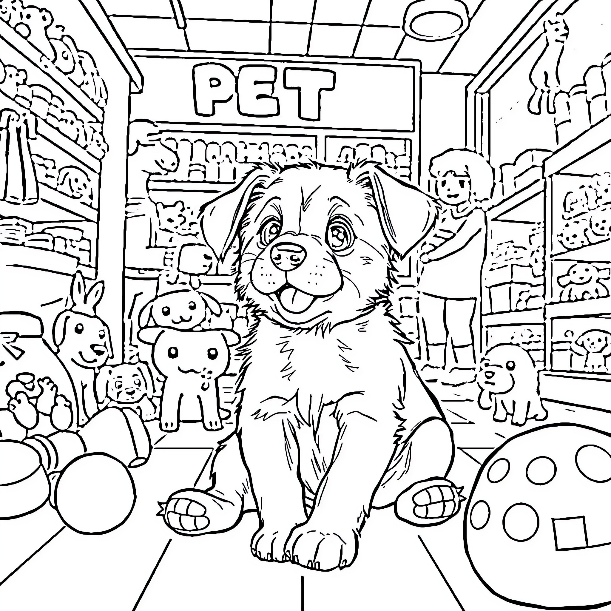 Puppy at the Pet Store with Other Animals Coloring Page (free black-and-white line drawing printable PDF for all, from beginners to advanced learners, including children, teens, adults, and seniors)