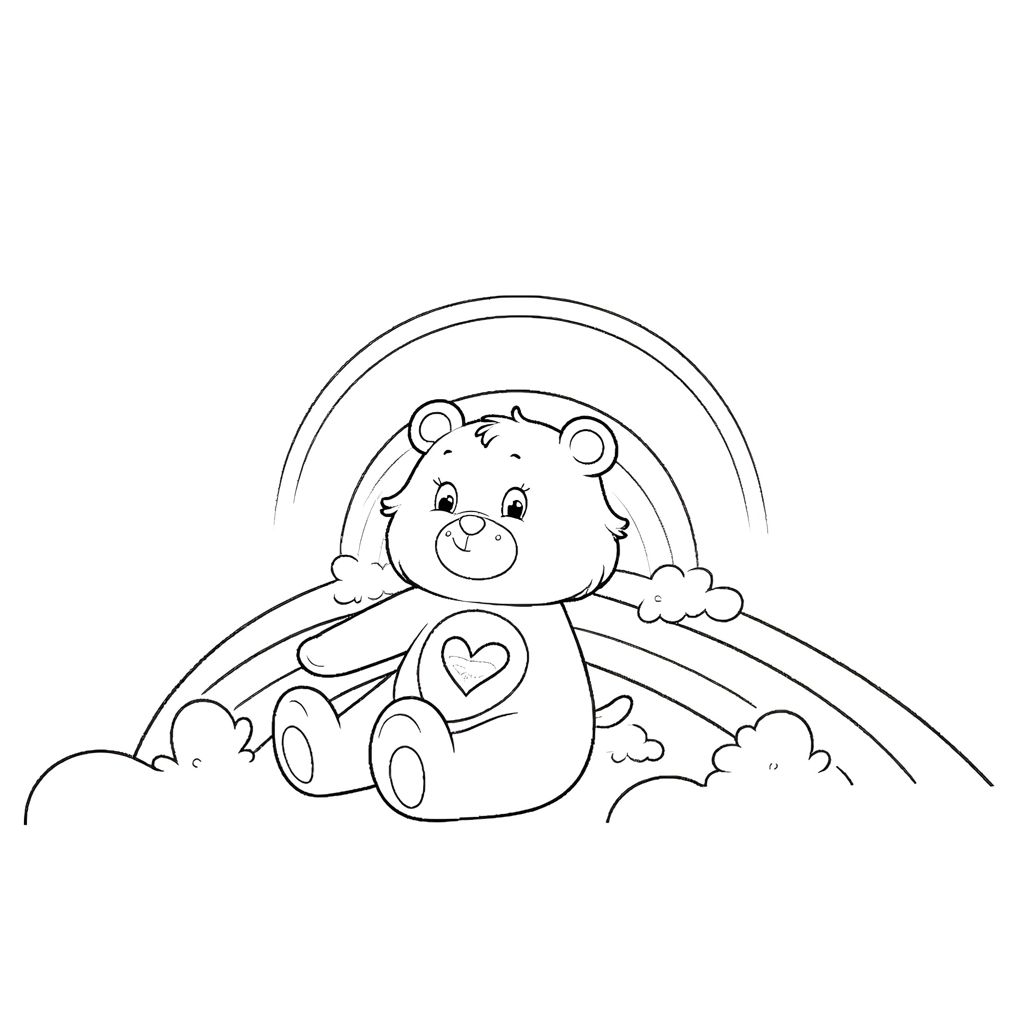 Cheer Bear enjoying a cheerful day with rainbows Coloring Page (free black-and-white line drawing printable PDF for all, from beginners to advanced learners, including children, teens, adults, and seniors)