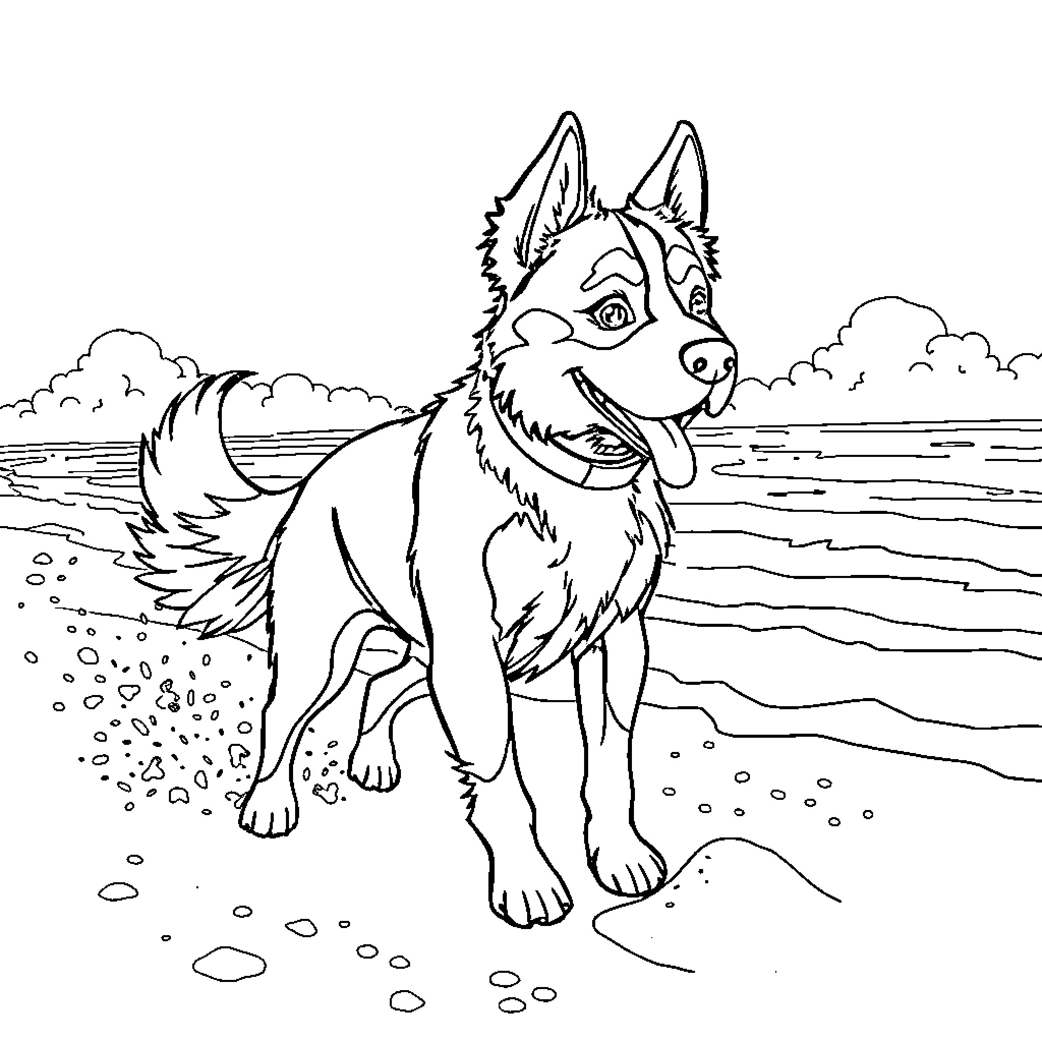 Paw Patrol pup on the beach Coloring Page (free black-and-white line drawing printable PDF for all, from beginners to advanced learners, including children, teens, adults, and seniors)