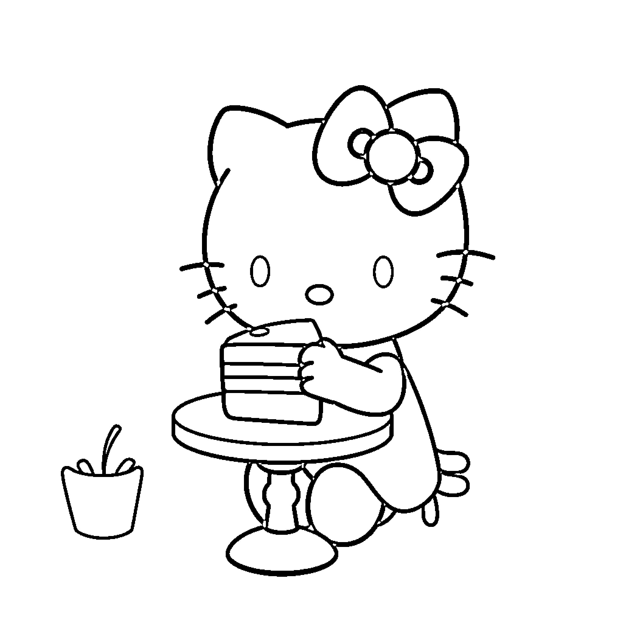Hello Kitty enjoying a delicious cake Coloring Page (free black-and-white line drawing printable PDF for all, from beginners to advanced learners, including children, teens, adults, and seniors)