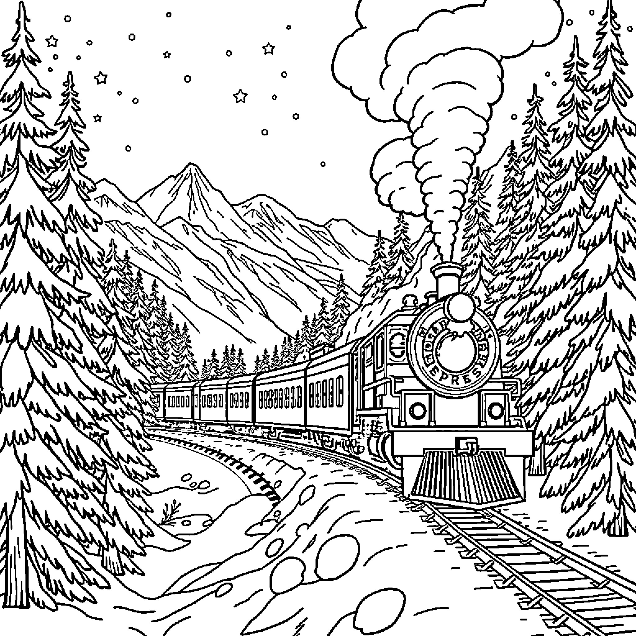 Polar Express through snowy mountain landscape Coloring Page (free black-and-white line drawing printable PDF for all, from beginners to advanced learners, including children, teens, adults, and seniors)