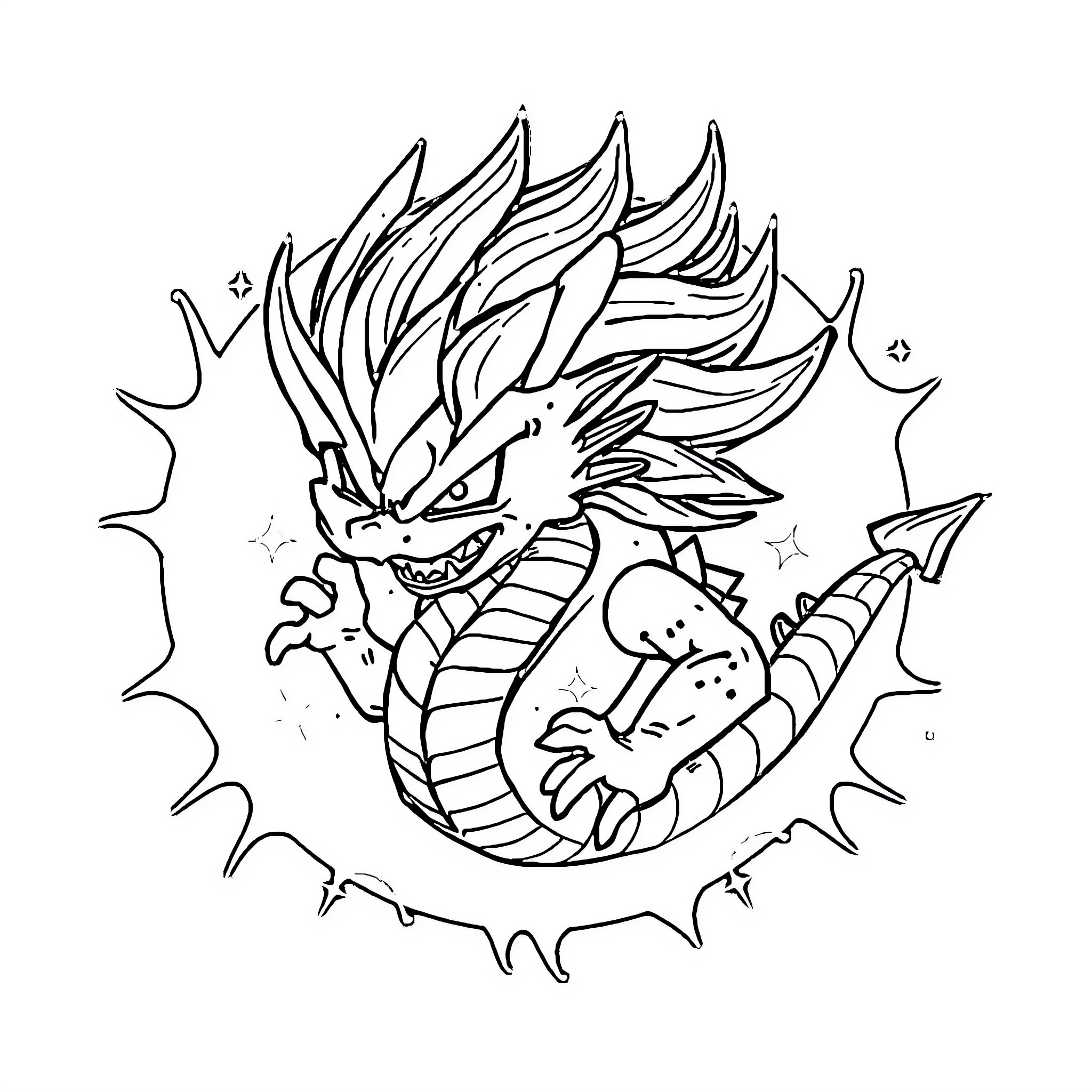 Dragon Ball Ferocious Dragon Unleashing Power Coloring Page (free black-and-white line drawing printable PDF for all, from beginners to advanced learners, including children, teens, adults, and seniors)