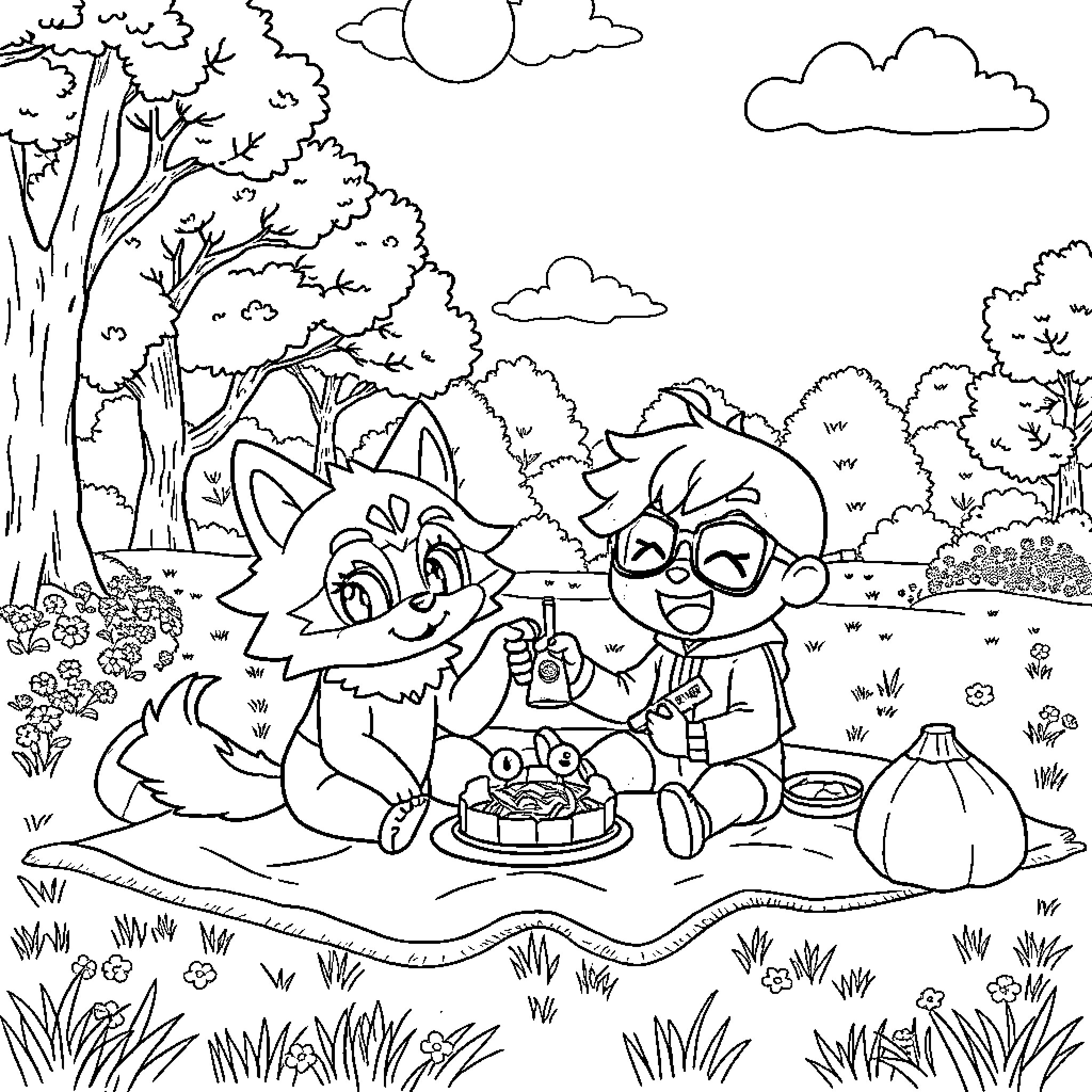 Wolfchan's Picnic in the Enchanted Forest Coloring Page (free black-and-white line drawing printable PDF for all, from beginners to advanced learners, including children, teens, adults, and seniors)